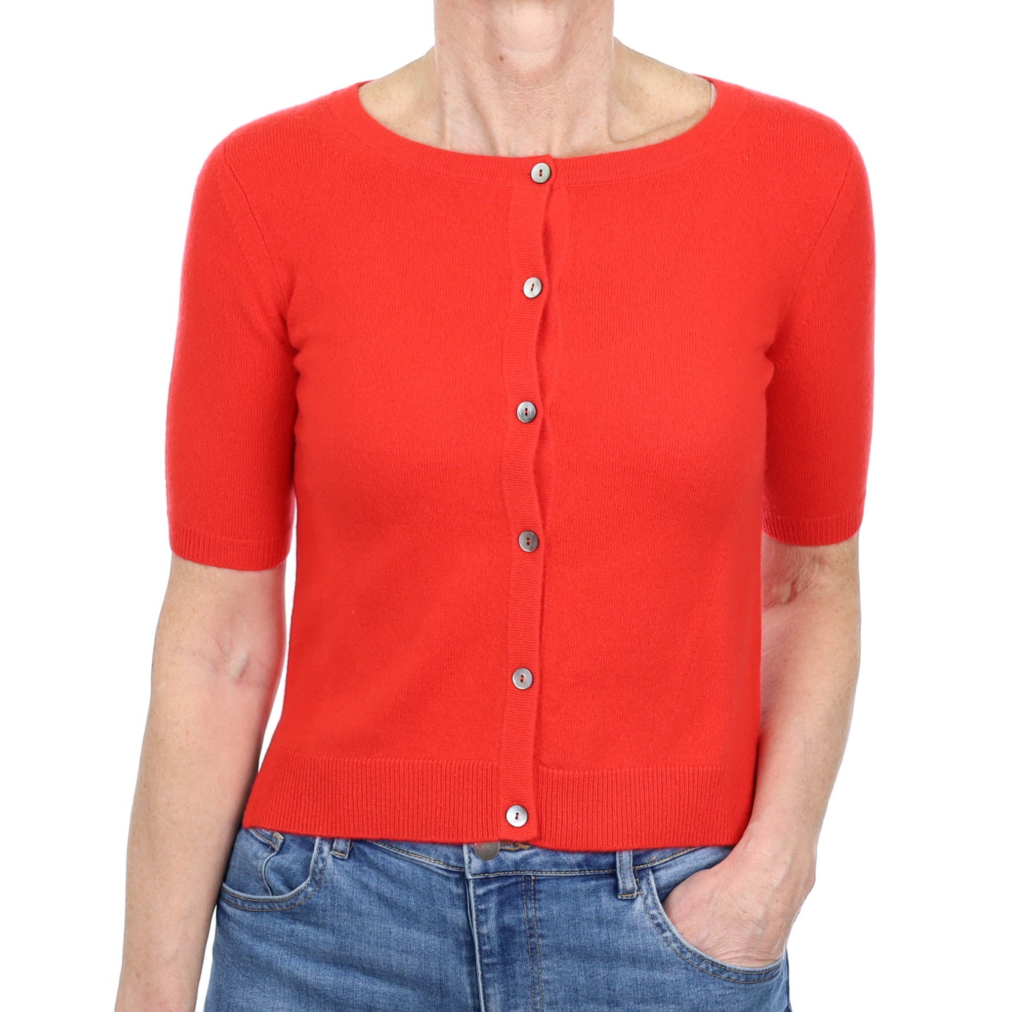Brand New Vermillion Red Cashmere Short Sleeve Cardigan Small