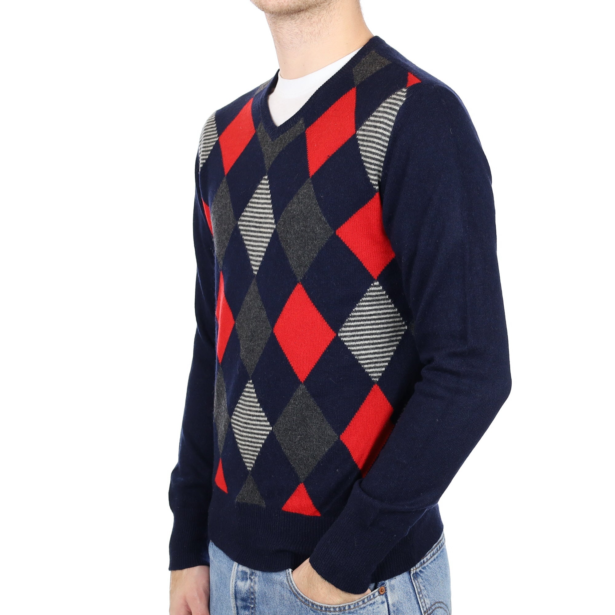 Men's Navy Diamond Pattern Cashmere V Neck Jumper Medium