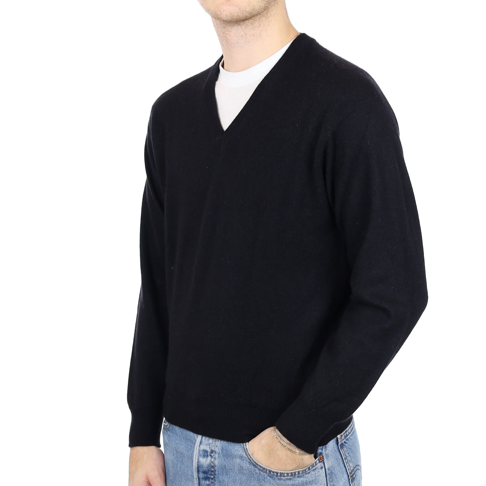 Men's Black Cashmere V Neck Jumper Medium