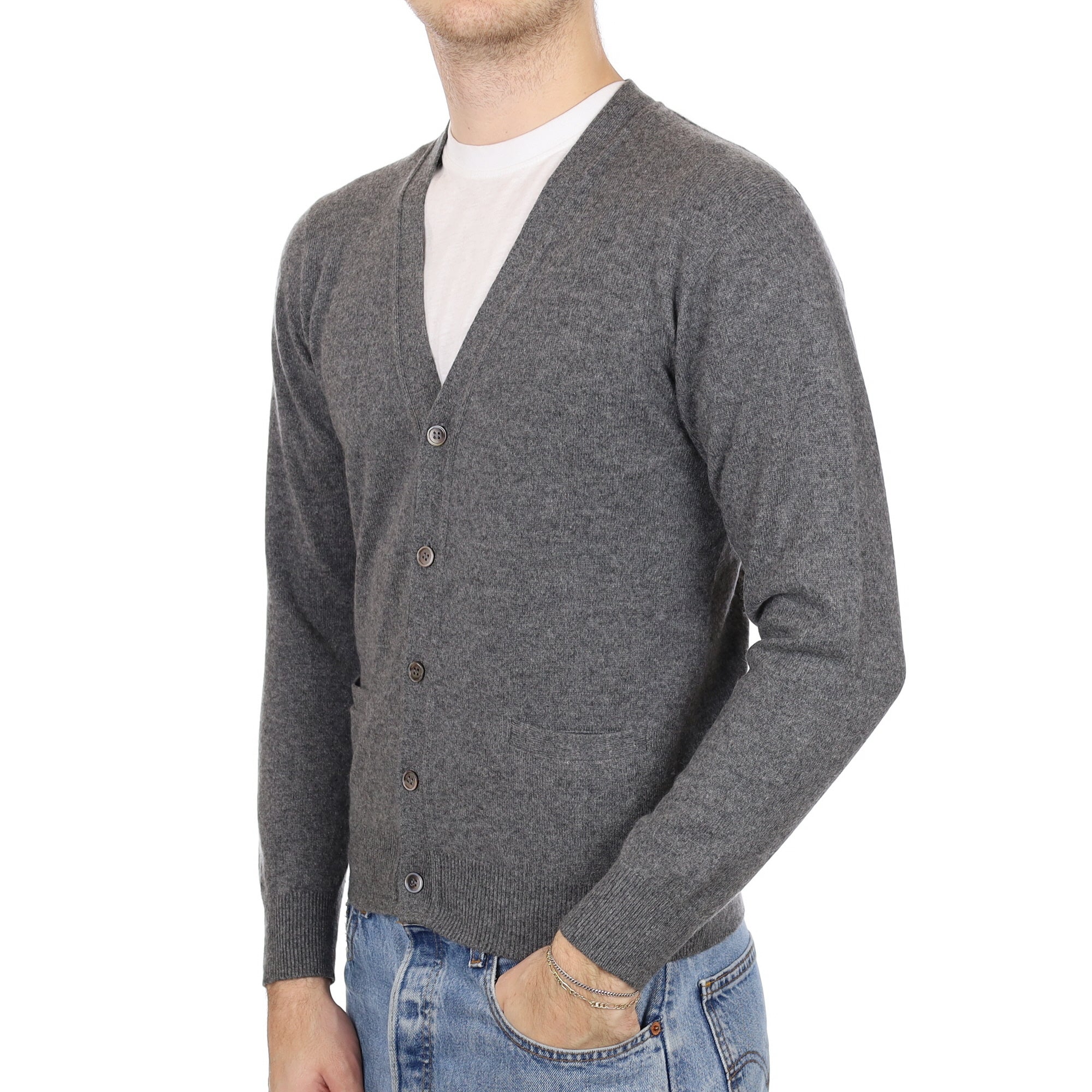 Men's Slate Grey Cashmere V Neck Cardigan Medium