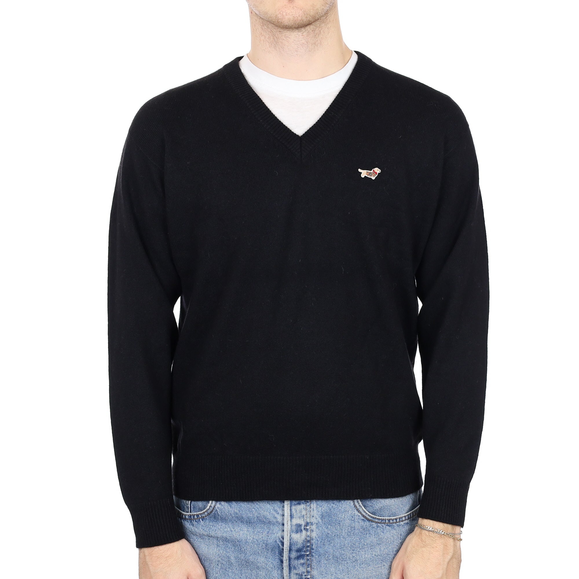 Men's Black Heavy Knit Cashmere V Neck Jumper Medium