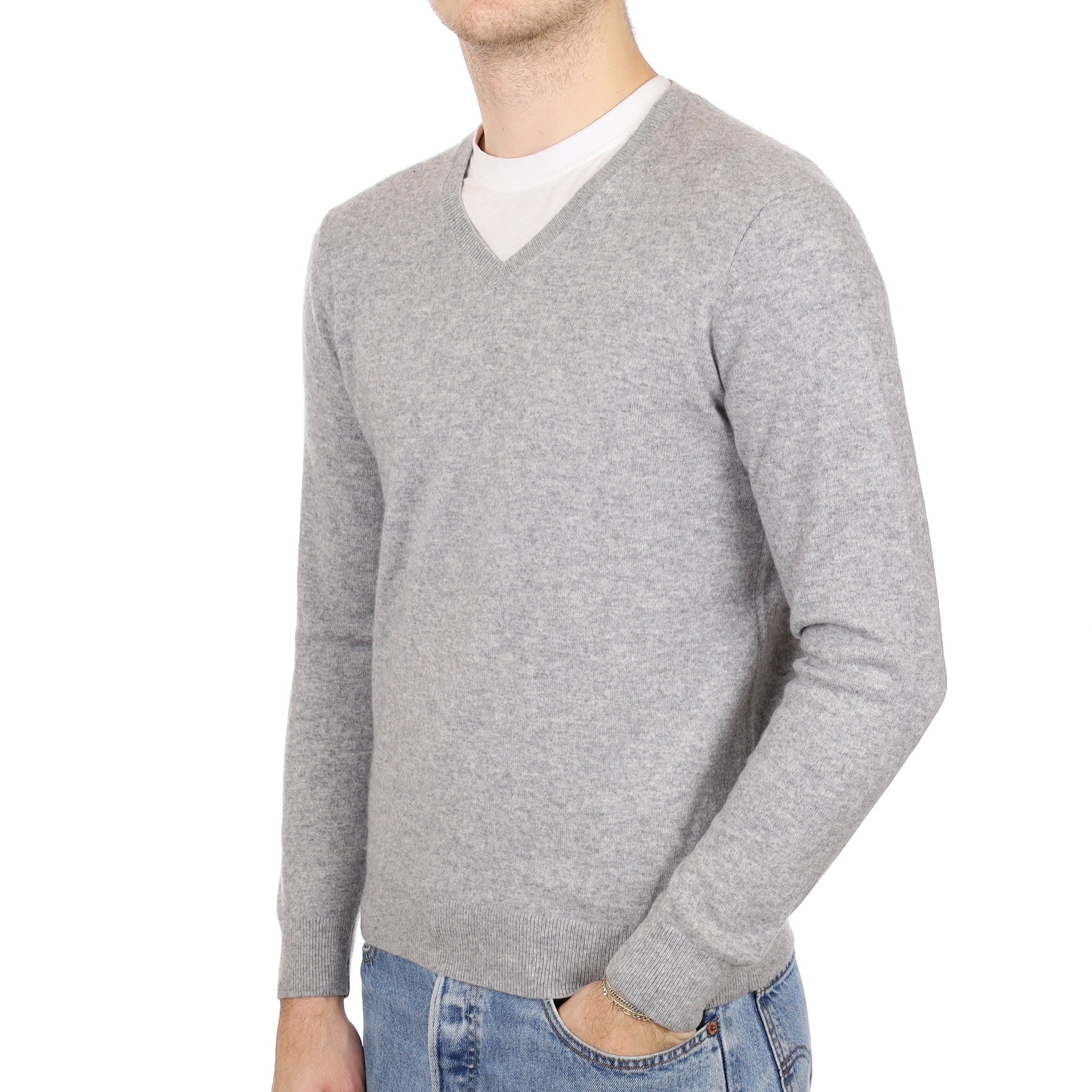 Men's Smoke Grey Cashmere V Neck Jumper Medium