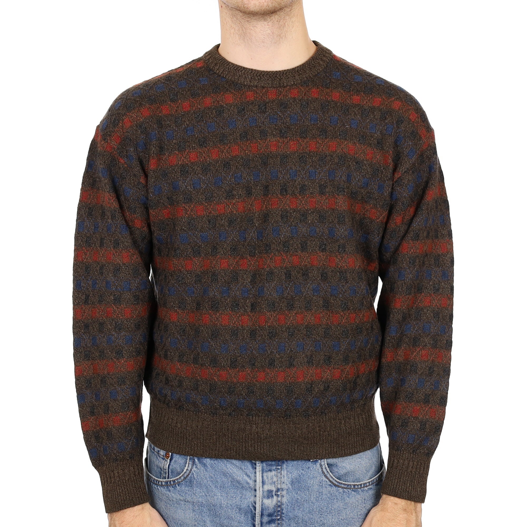 Men's Donkey Brown Patterned Cashmere Crew Neck Jumper Medium