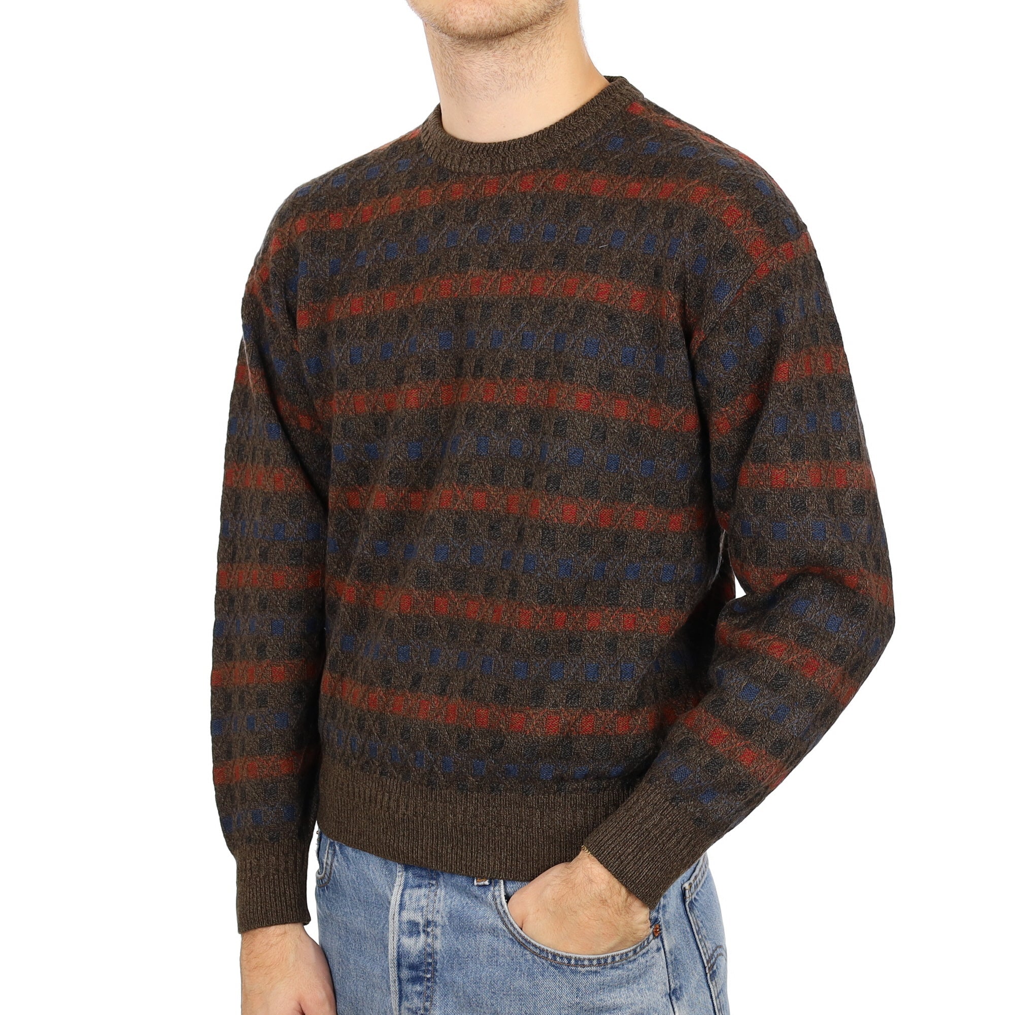 Men's Donkey Brown Patterned Cashmere Crew Neck Jumper Medium