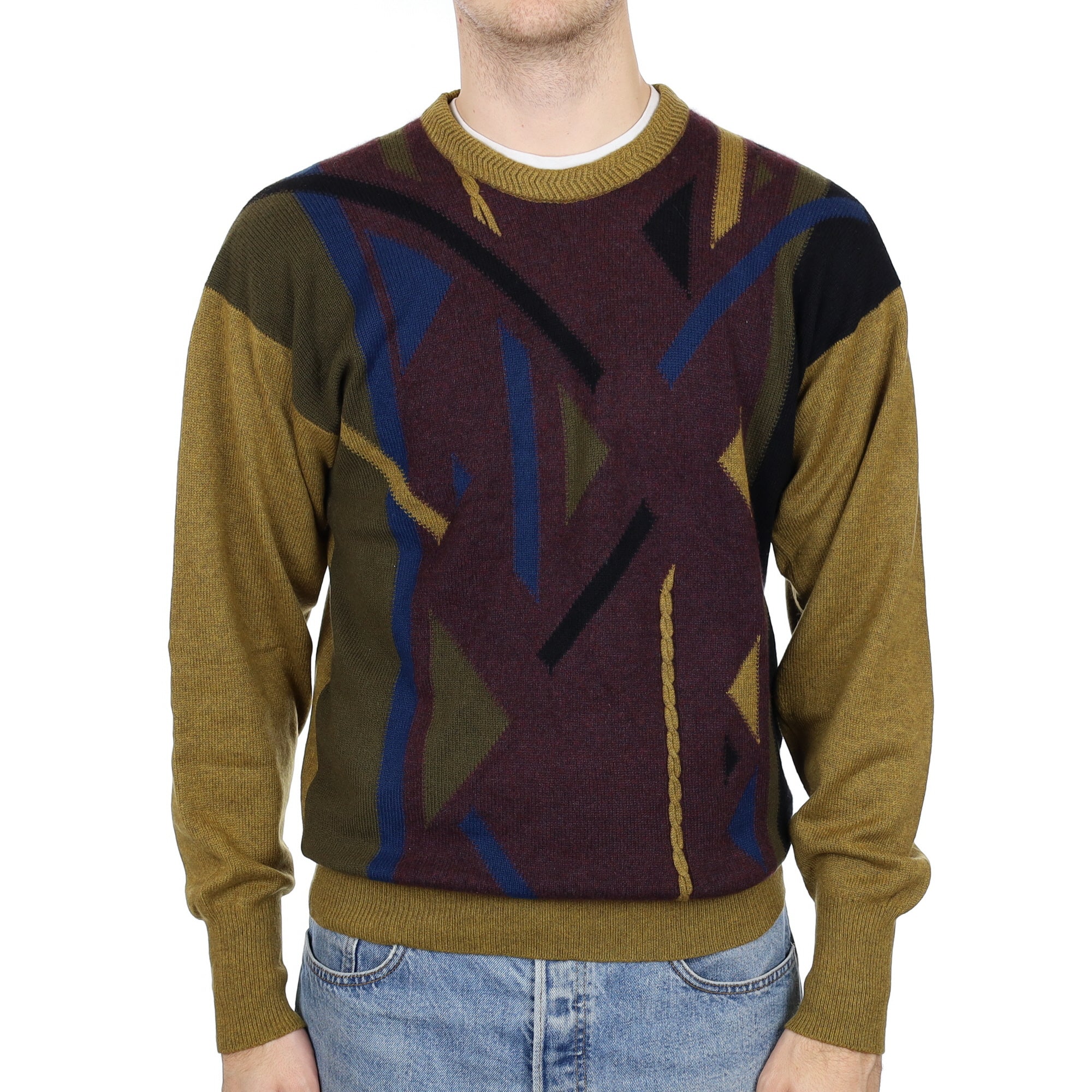 Men's Scottish Olive and Aubergine Patterned Cashmere Crew Neck Jumper Medium