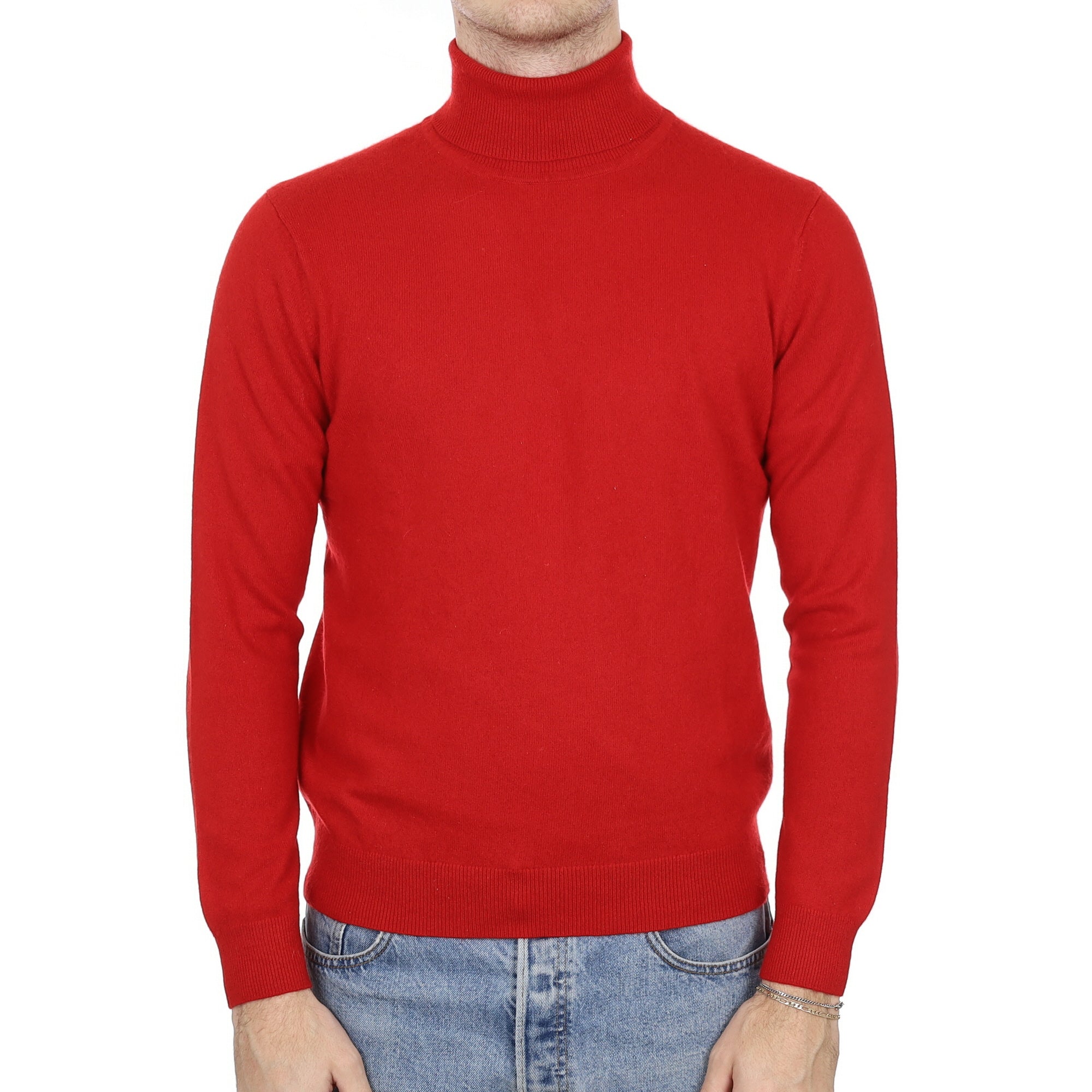Men's Post Box Red Cashmere Polo Neck Jumper Medium