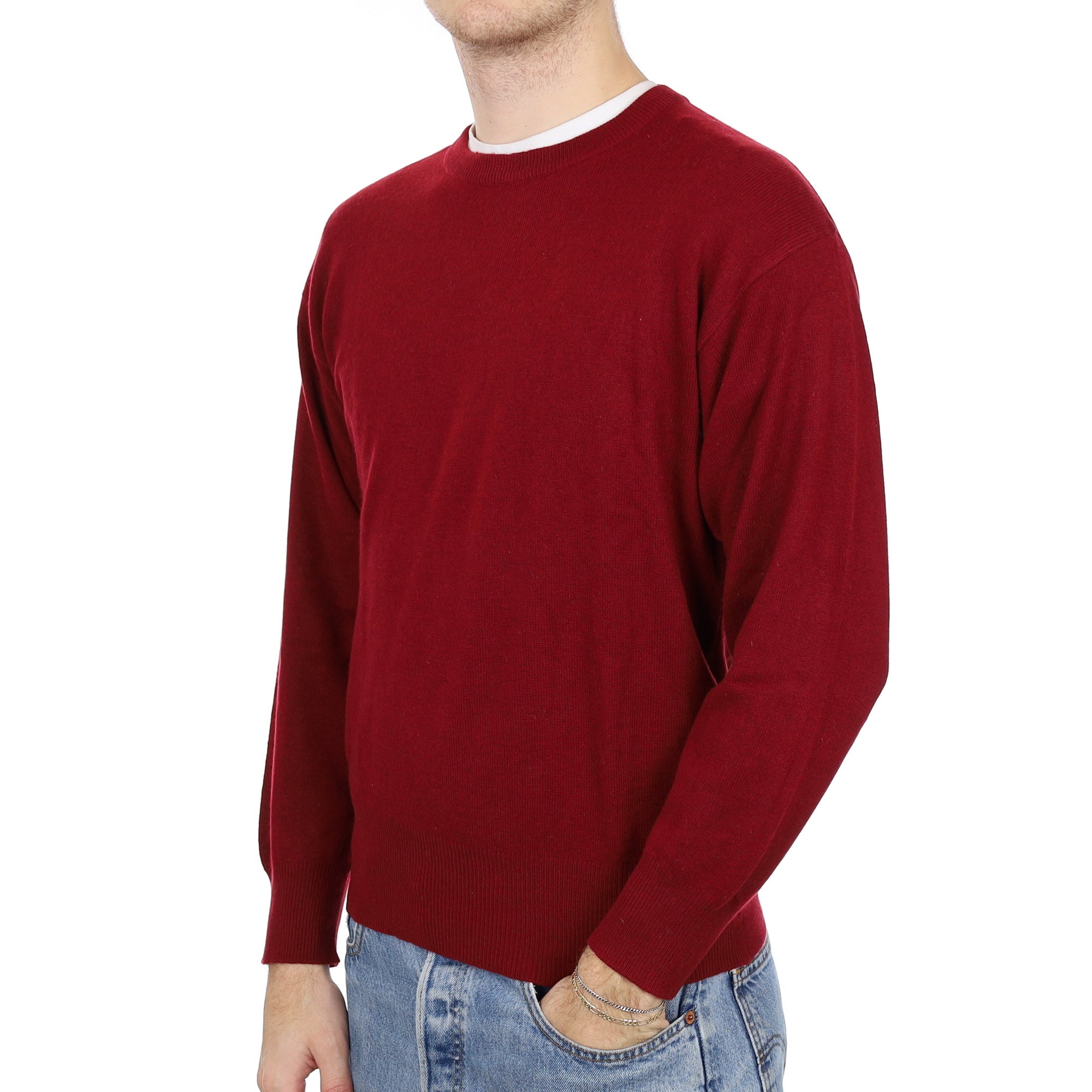 Men's Burgundy Red Cashmere Crew Neck Jumper Medium