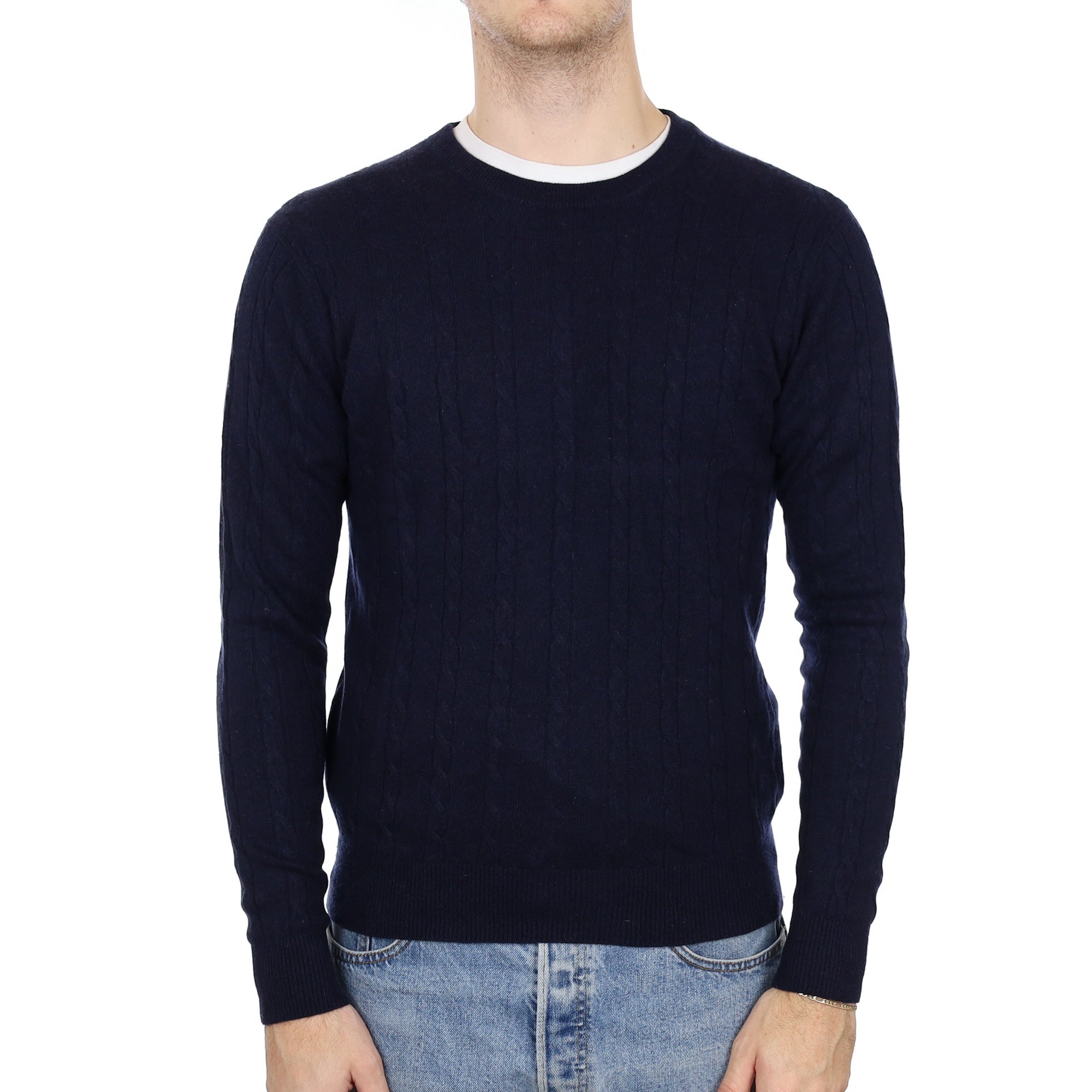 Men's Navy Cable Knit Cashmere Crew Neck Jumper Medium