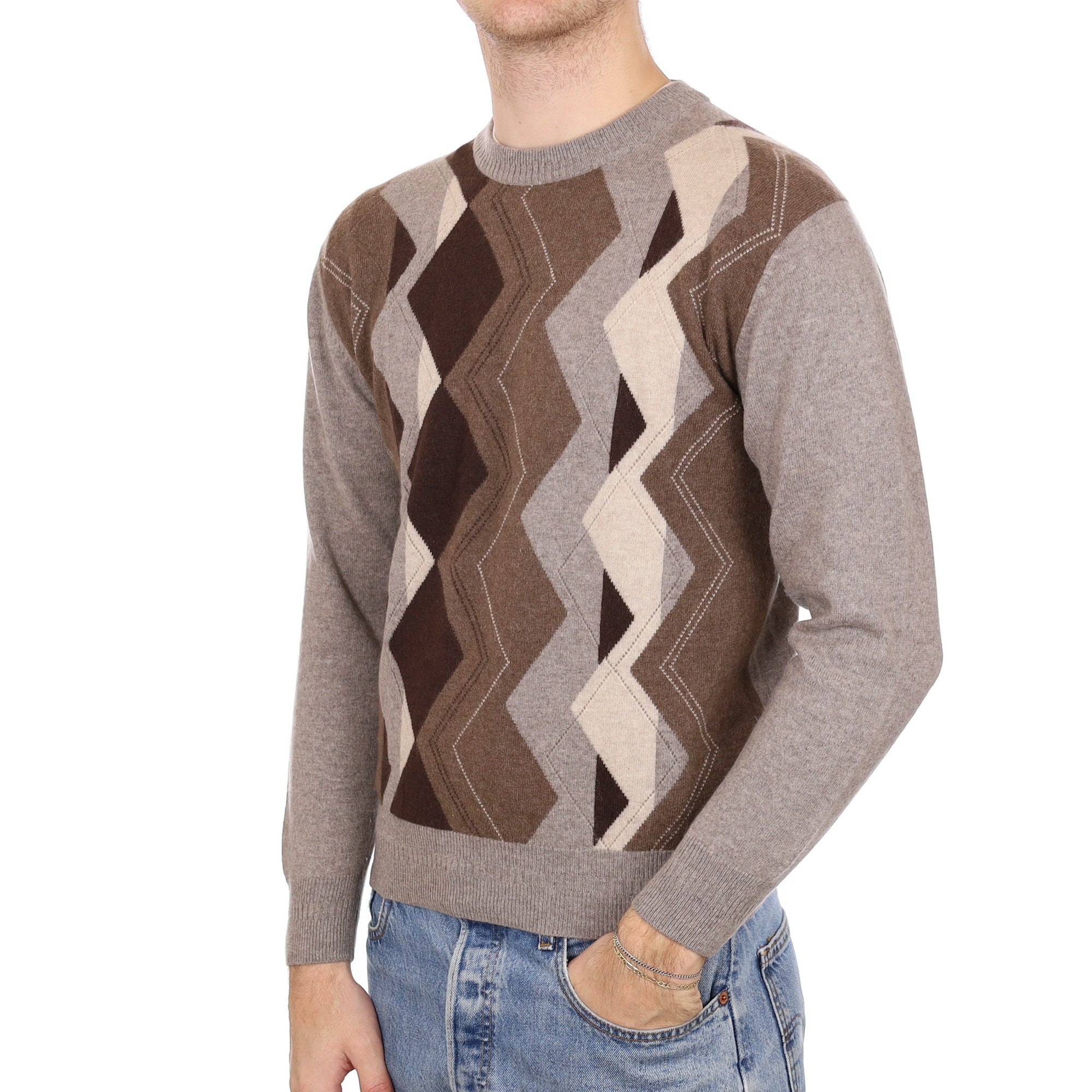 Men's Mink Brown and Grey Patterned Cashmere Crew Neck Jumper Medium