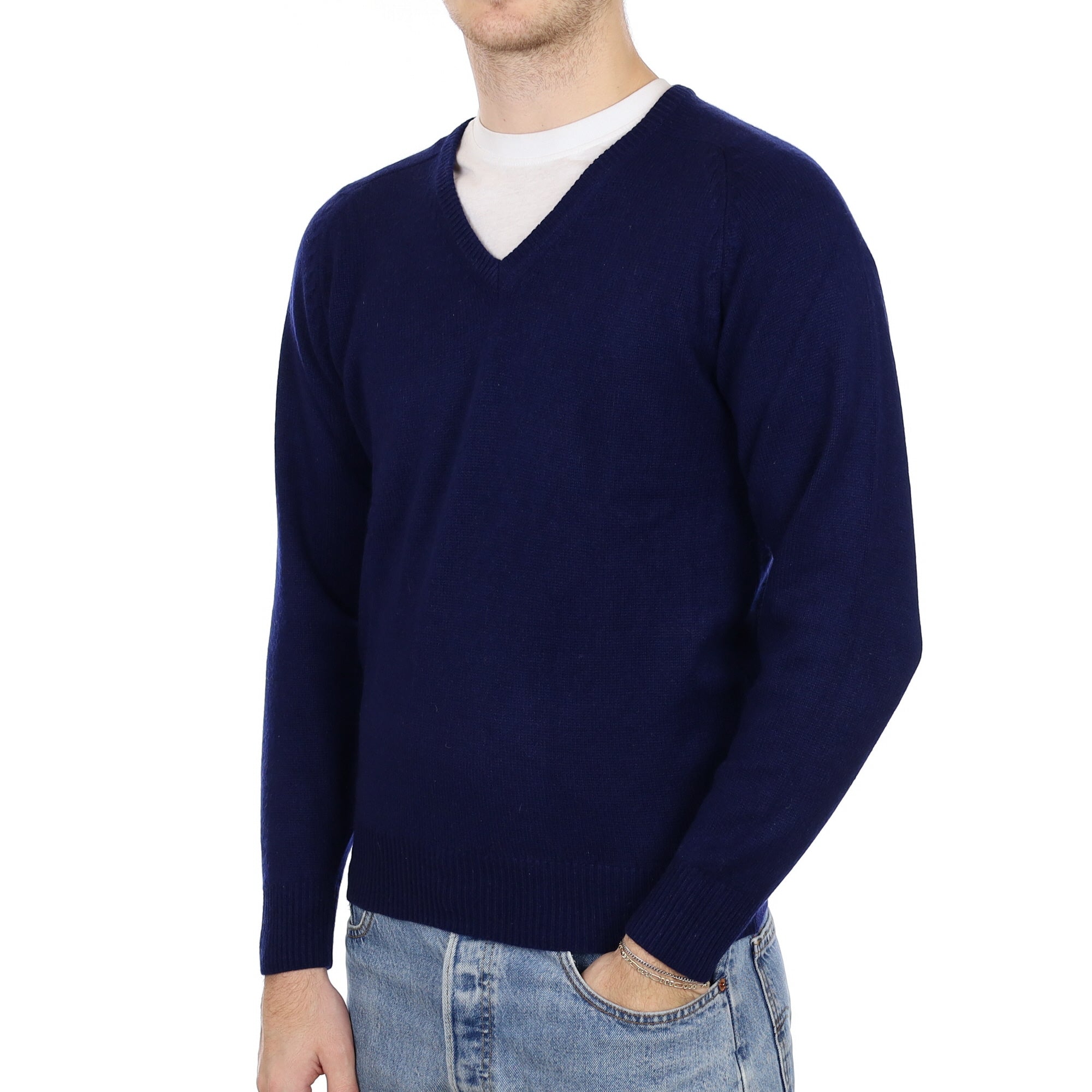 Men's Midnight Blue Cashmere V Neck Jumper Medium