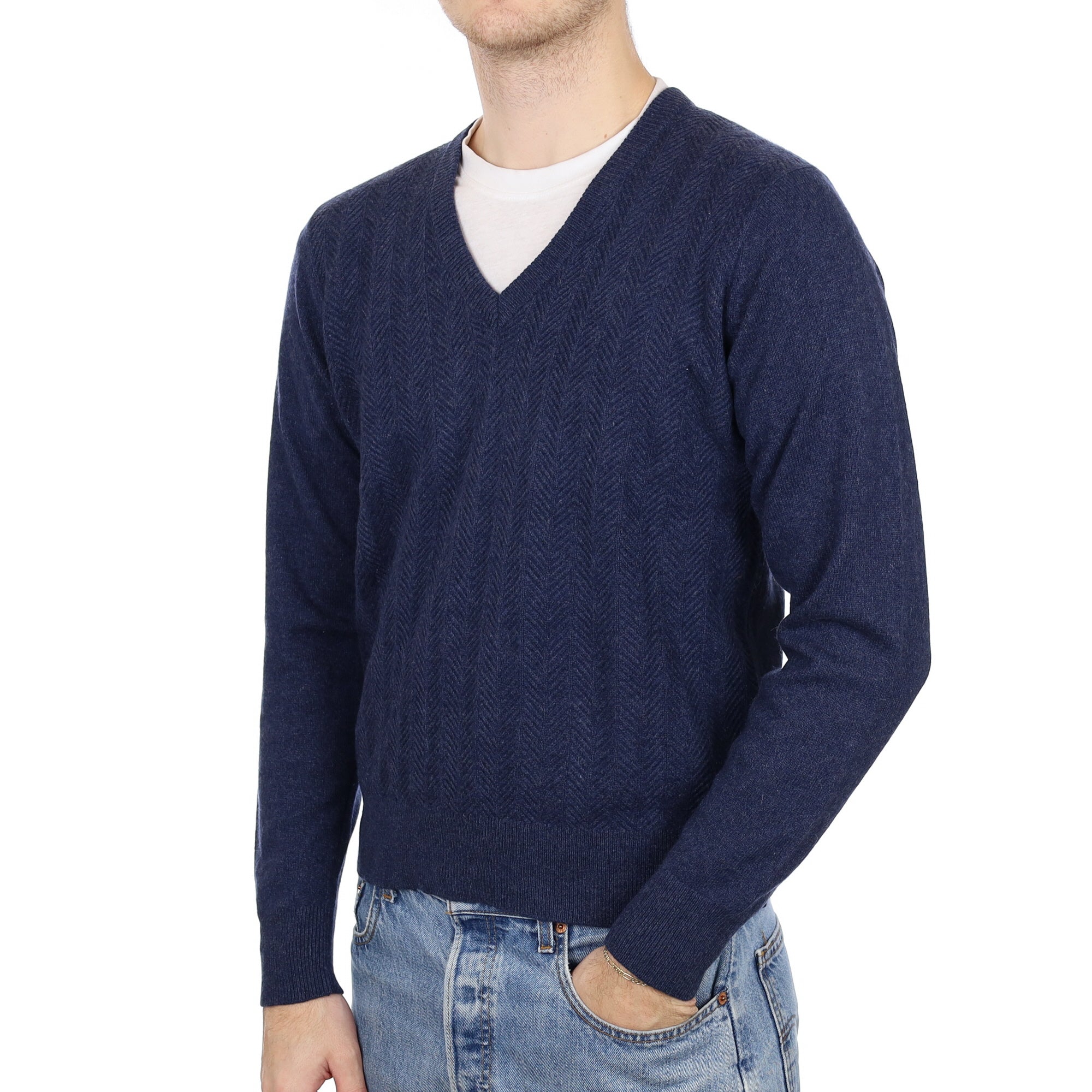 Men's Naval Blue Herringbone Cashmere V Neck Jumper Medium