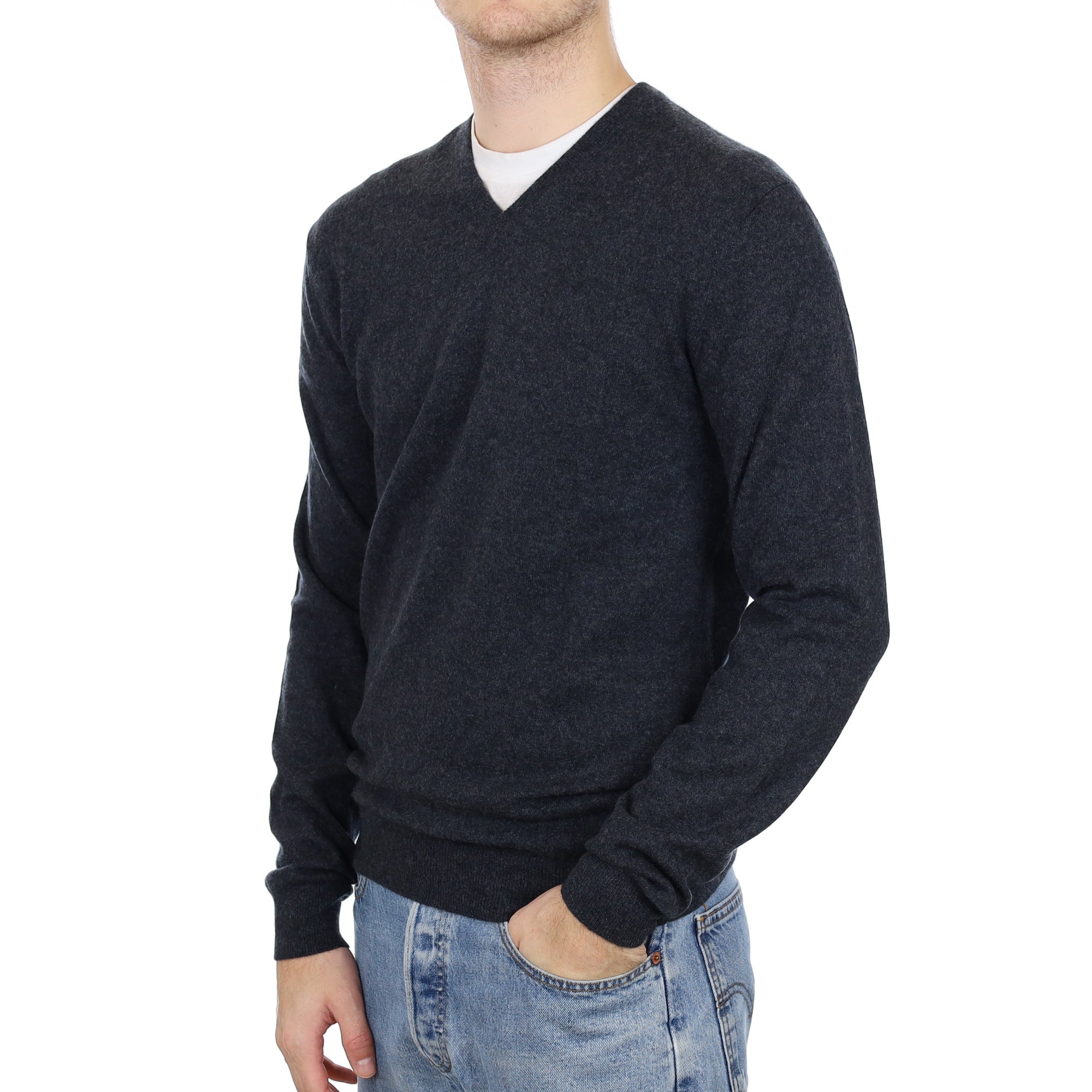 Men's Charcoal Grey Cashmere V Neck Jumper Medium