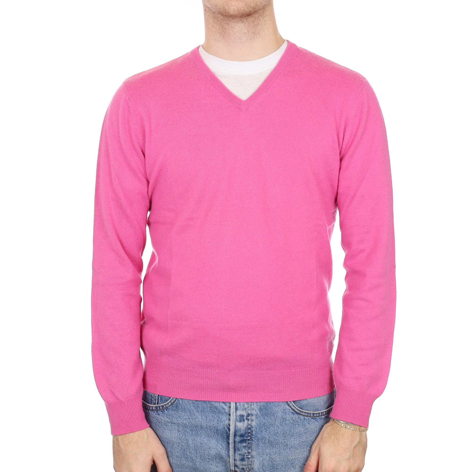 Men's Lupin Pink Cashmere V Neck Jumper Medium
