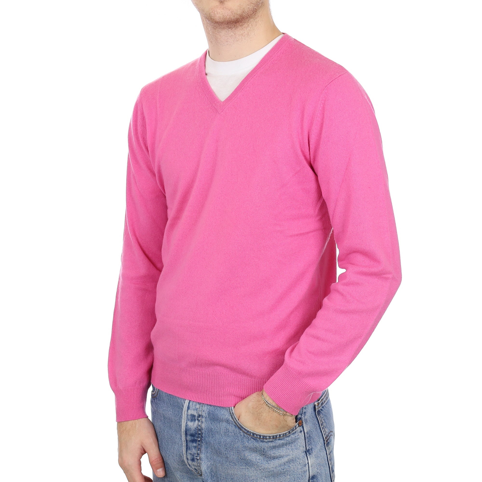Men's Lupin Pink Cashmere V Neck Jumper Medium
