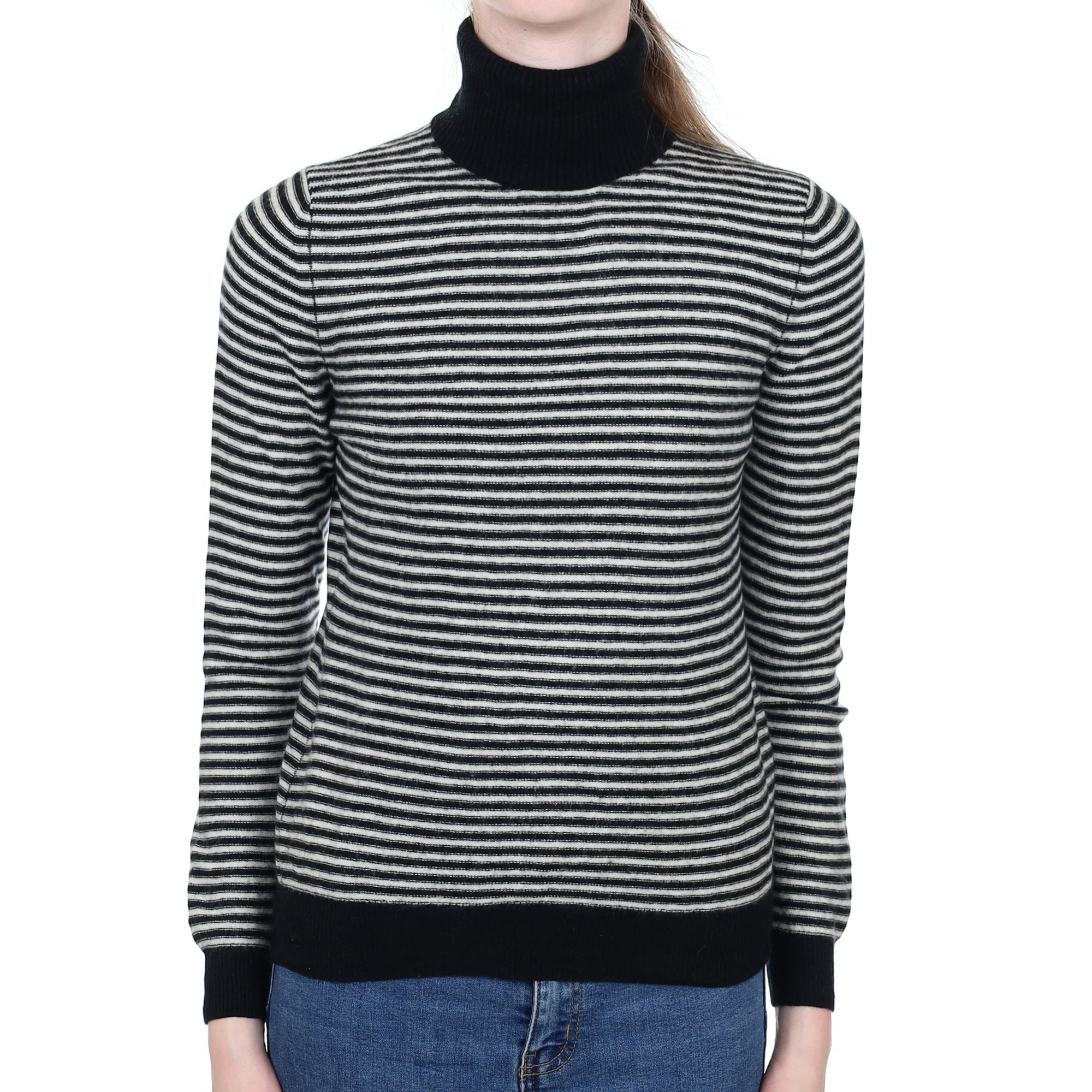 Black and Ivory Stripe Cashmere Polo Neck Jumper Extra Small