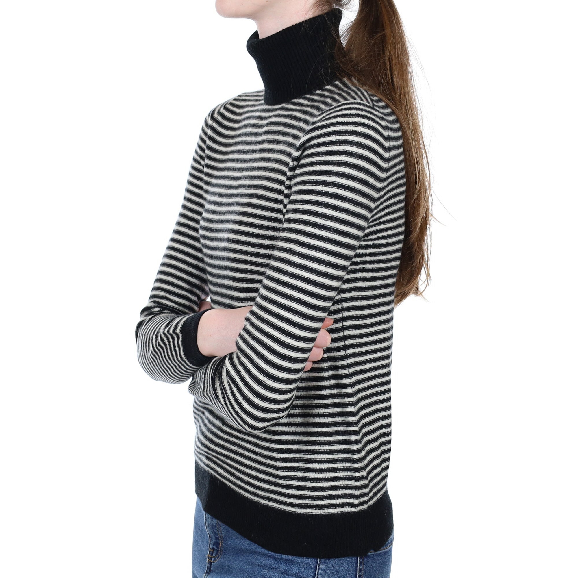 Black and Ivory Stripe Cashmere Polo Neck Jumper Extra Small