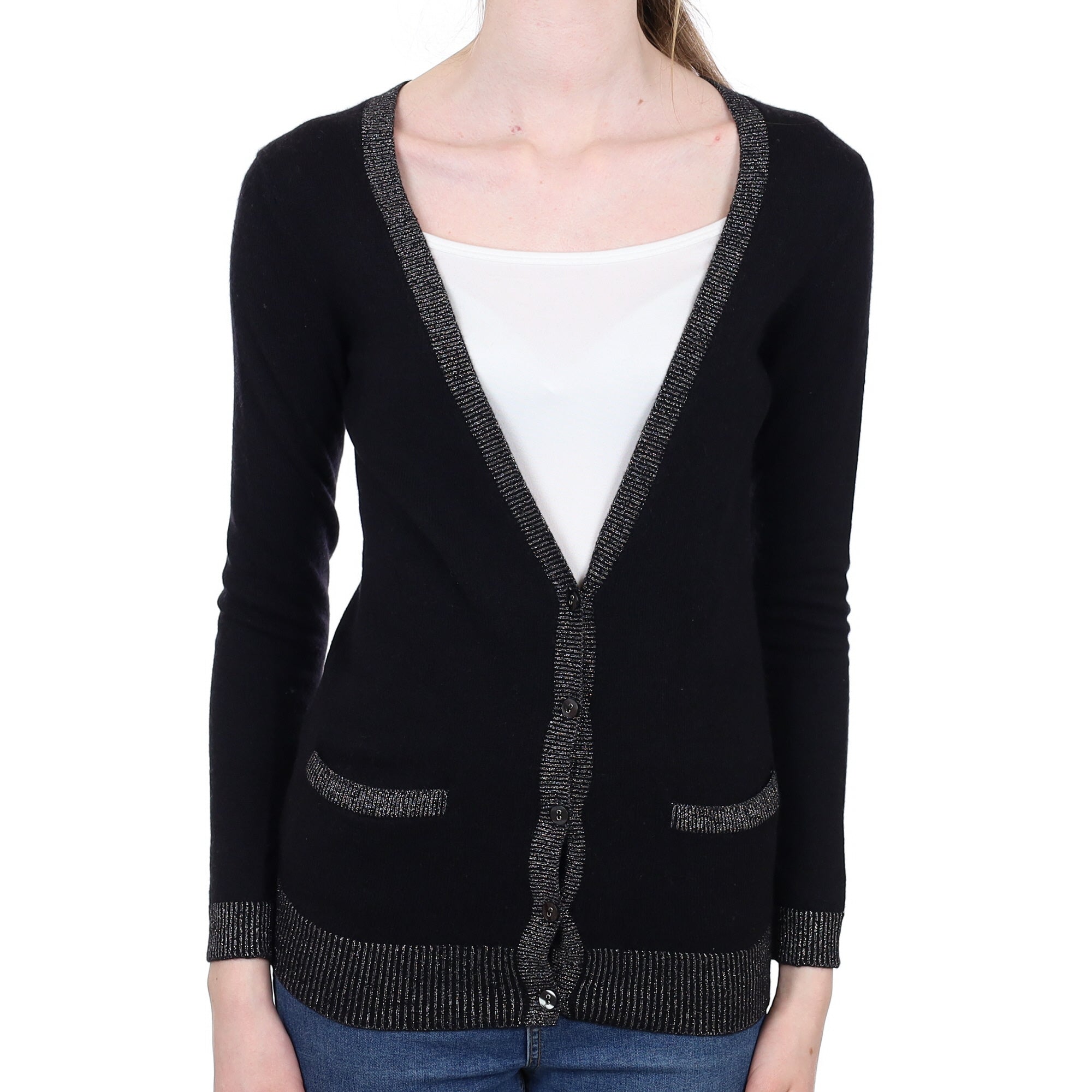 Black Sparkly Trim Cashmere V Neck Cardigan With Pockets Extra Small