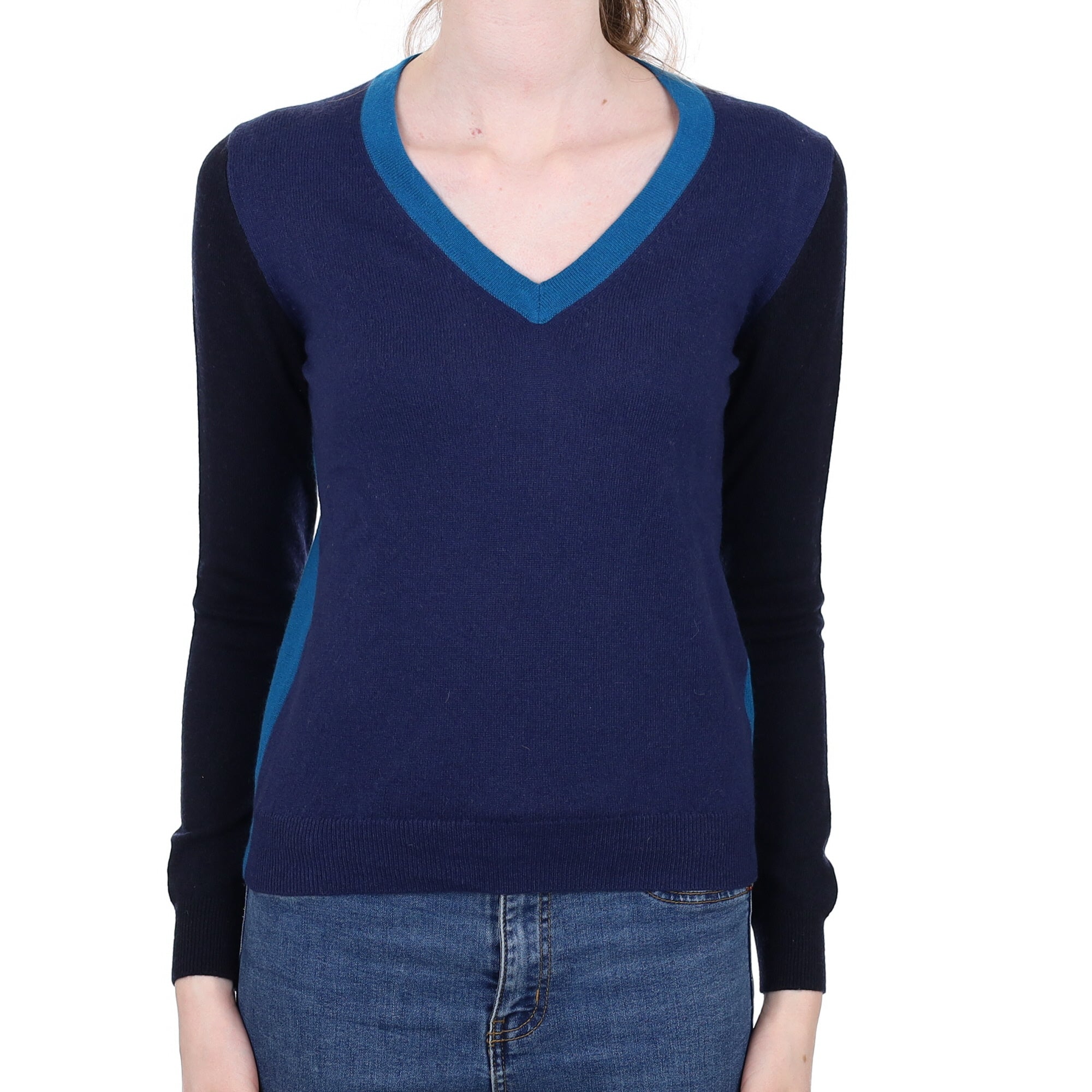 French Navy Colourblock Cashmere V Neck Jumper Extra Small
