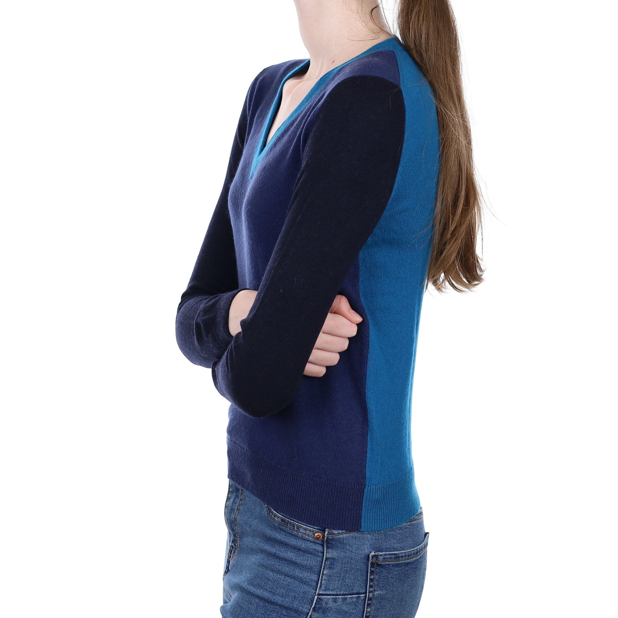 French Navy Colourblock Cashmere V Neck Jumper Extra Small