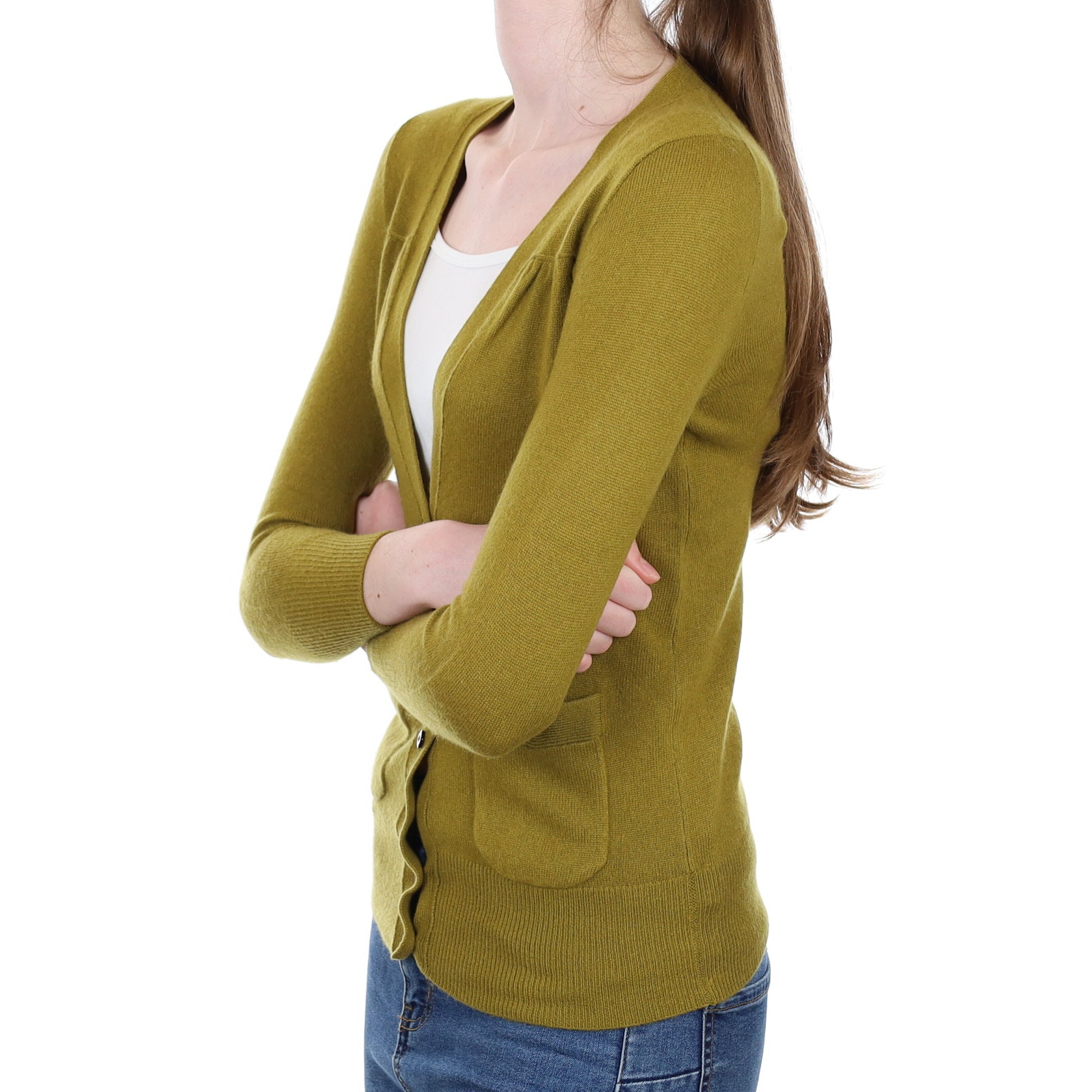 Moss Green Cashmere V Neck Cardigan with Pockets Extra Small