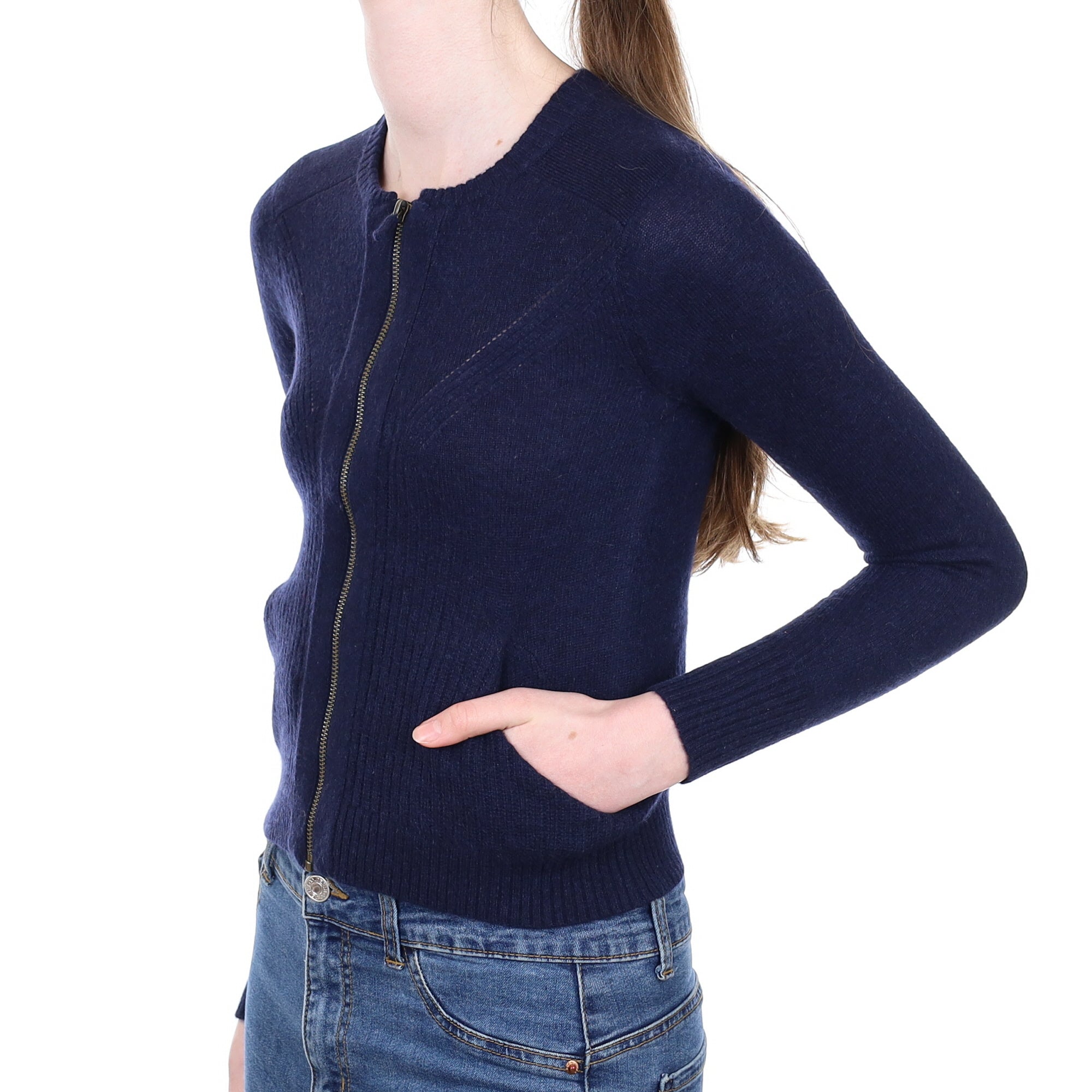 Navy Cashmere Zip Up Cardigan with Pockets Extra Small Petite