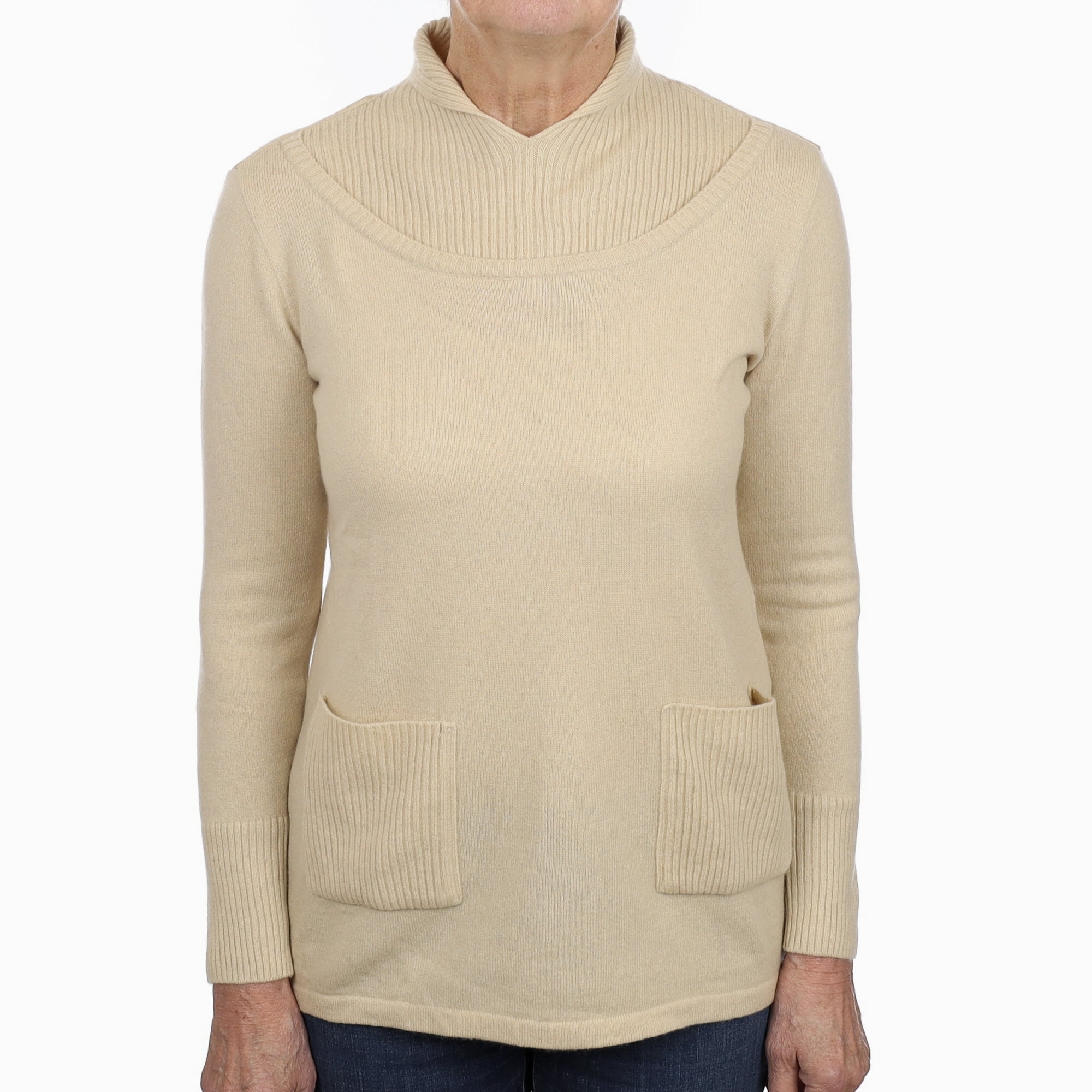 Beige Cashmere Feature Neck Jumper with Pockets Medium
