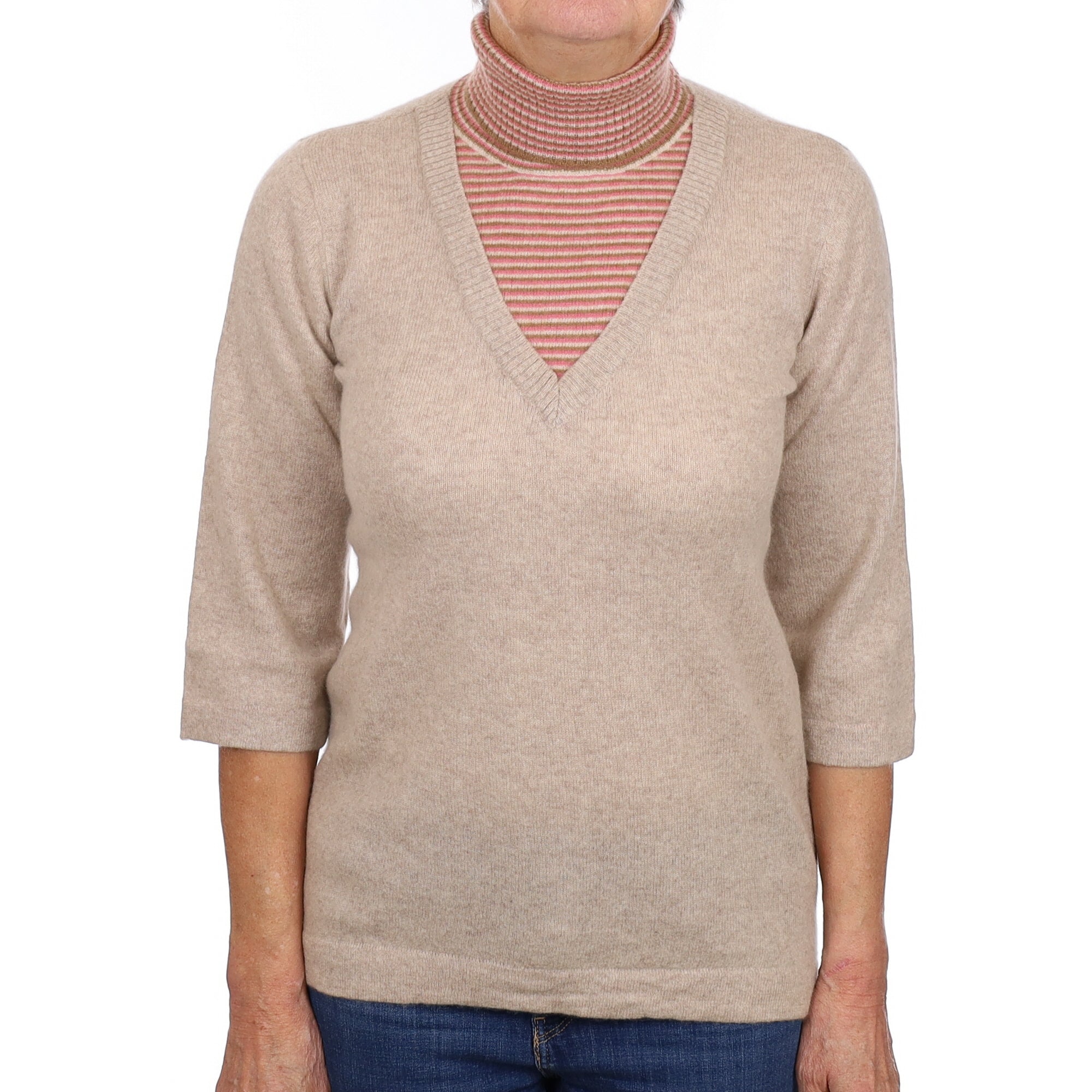 Fawn and Pink Stripe Cashmere Polo Neck Jumper Medium