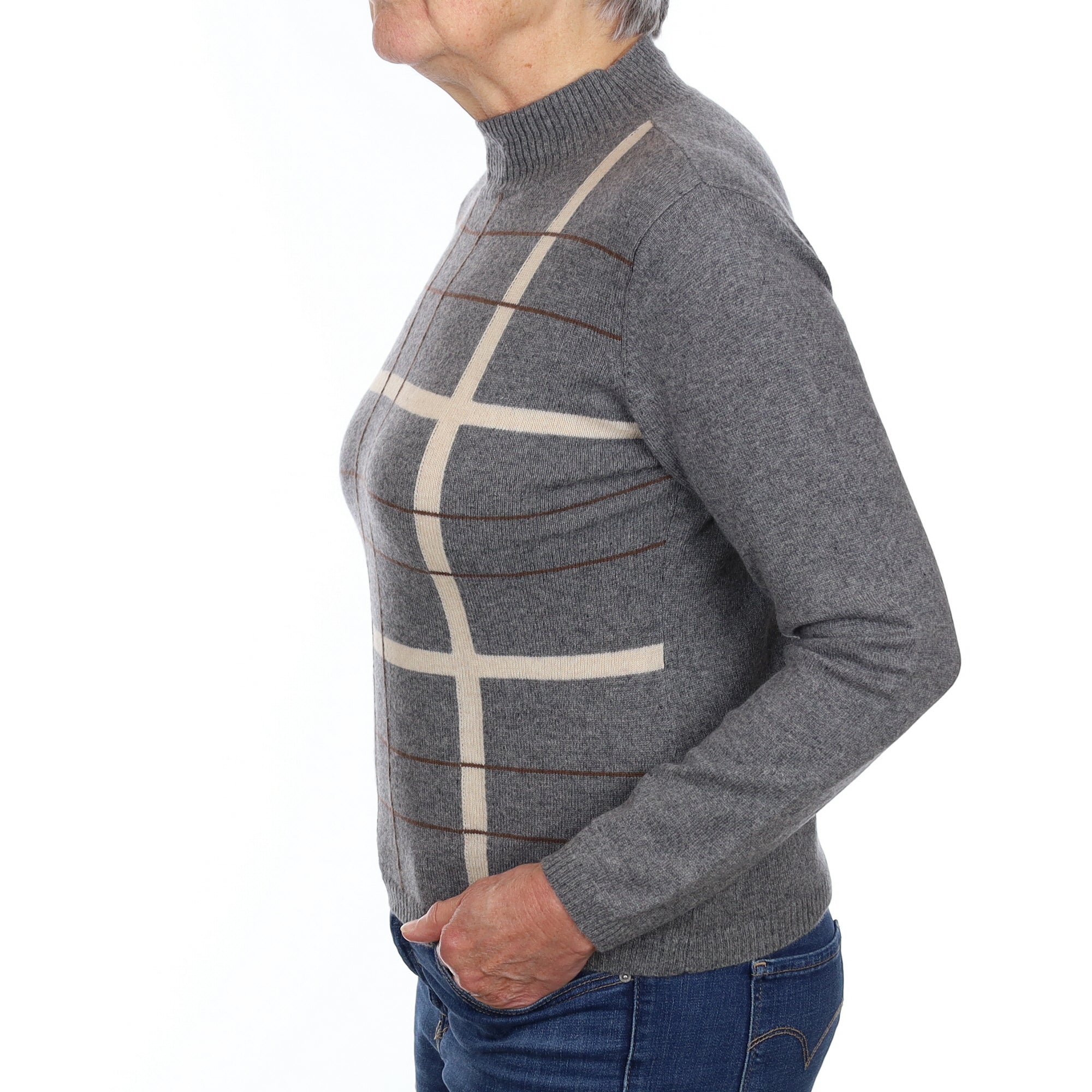 Slate Grey Checked Cashmere Turtle Neck Jumper Medium