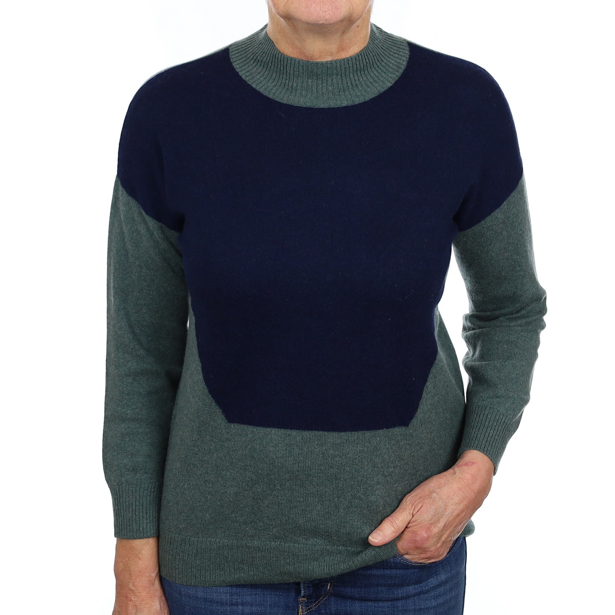 Spruce Green and Navy Cashmere Turtle Neck Jumper Medium