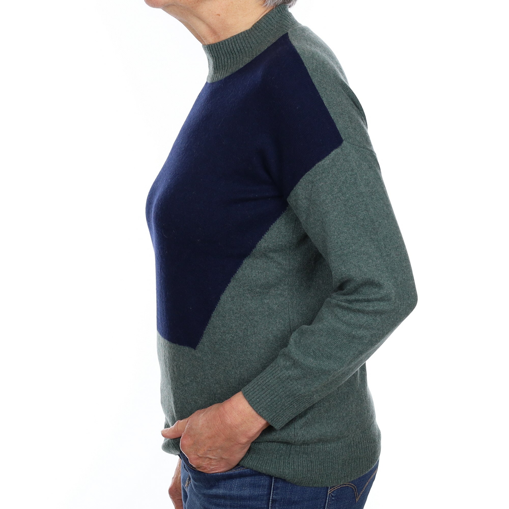 Spruce Green and Navy Cashmere Turtle Neck Jumper Medium