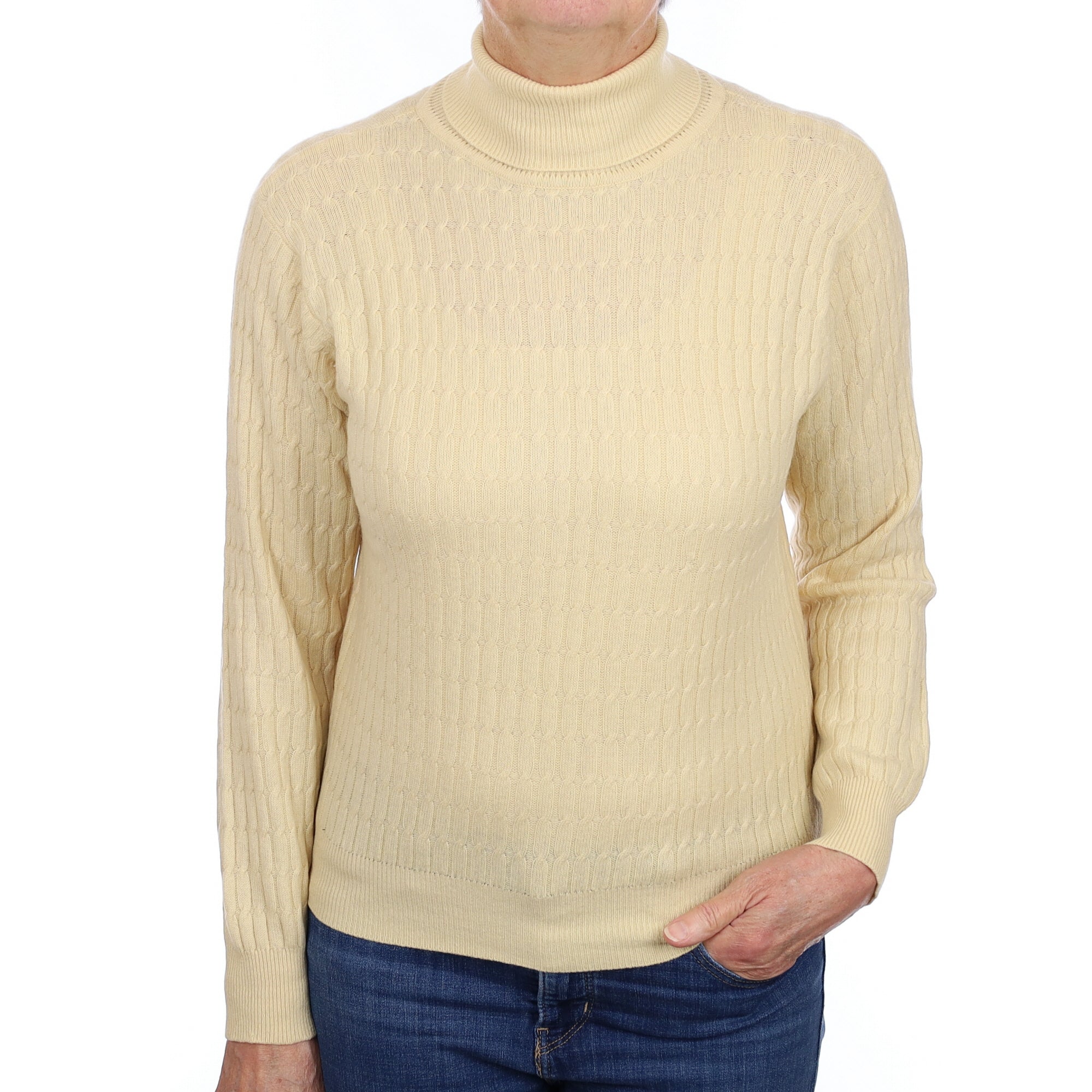 Custard Yellow Cable Cashmere Polo Neck Jumper Medium
