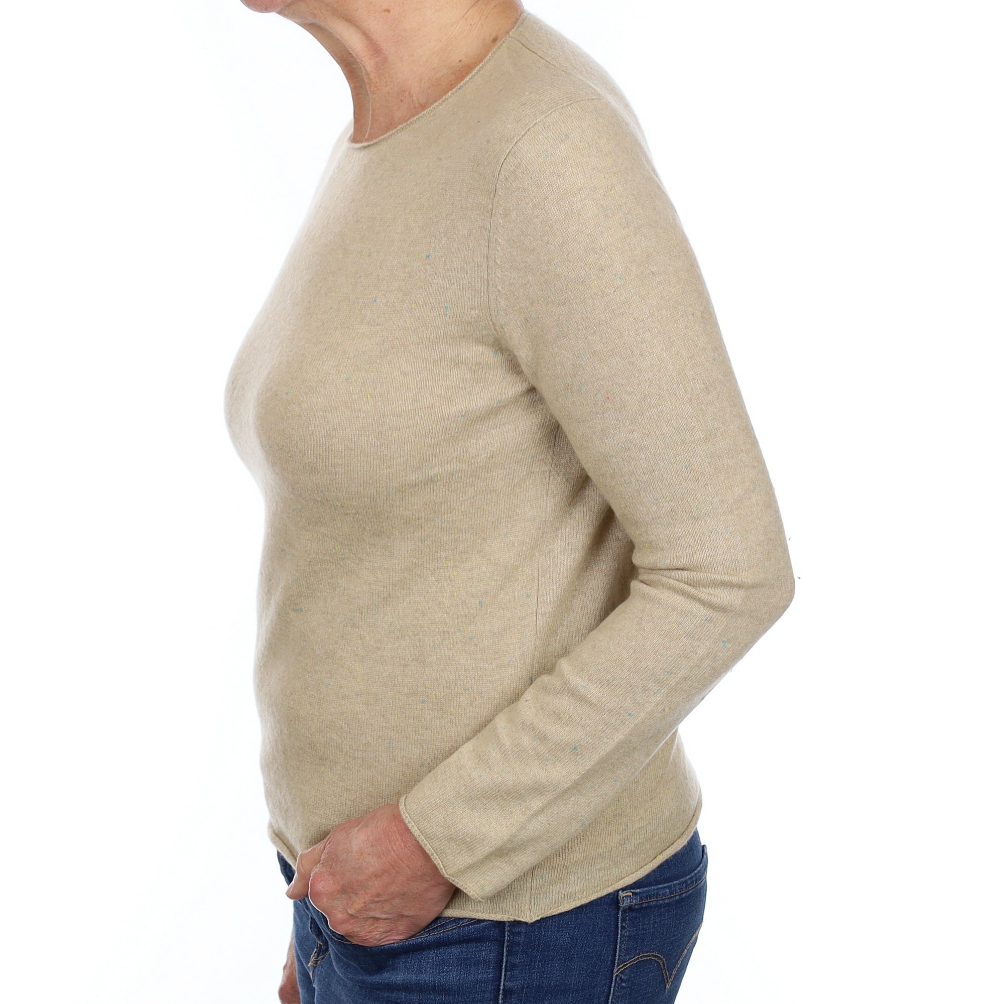 Sand and Aqua Fleck Cashmere Crew Neck Jumper Medium