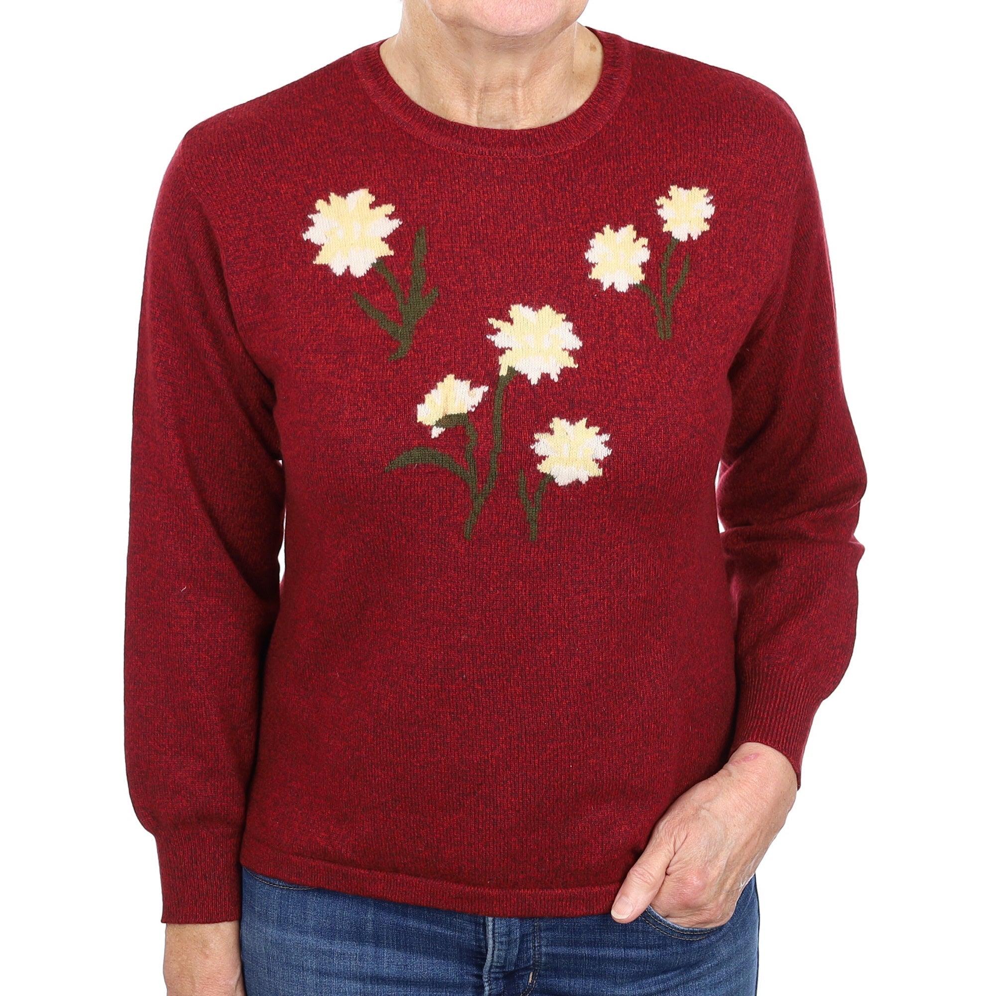 Burgundy Marl Floral Cashmere Crew Neck Jumper Medium