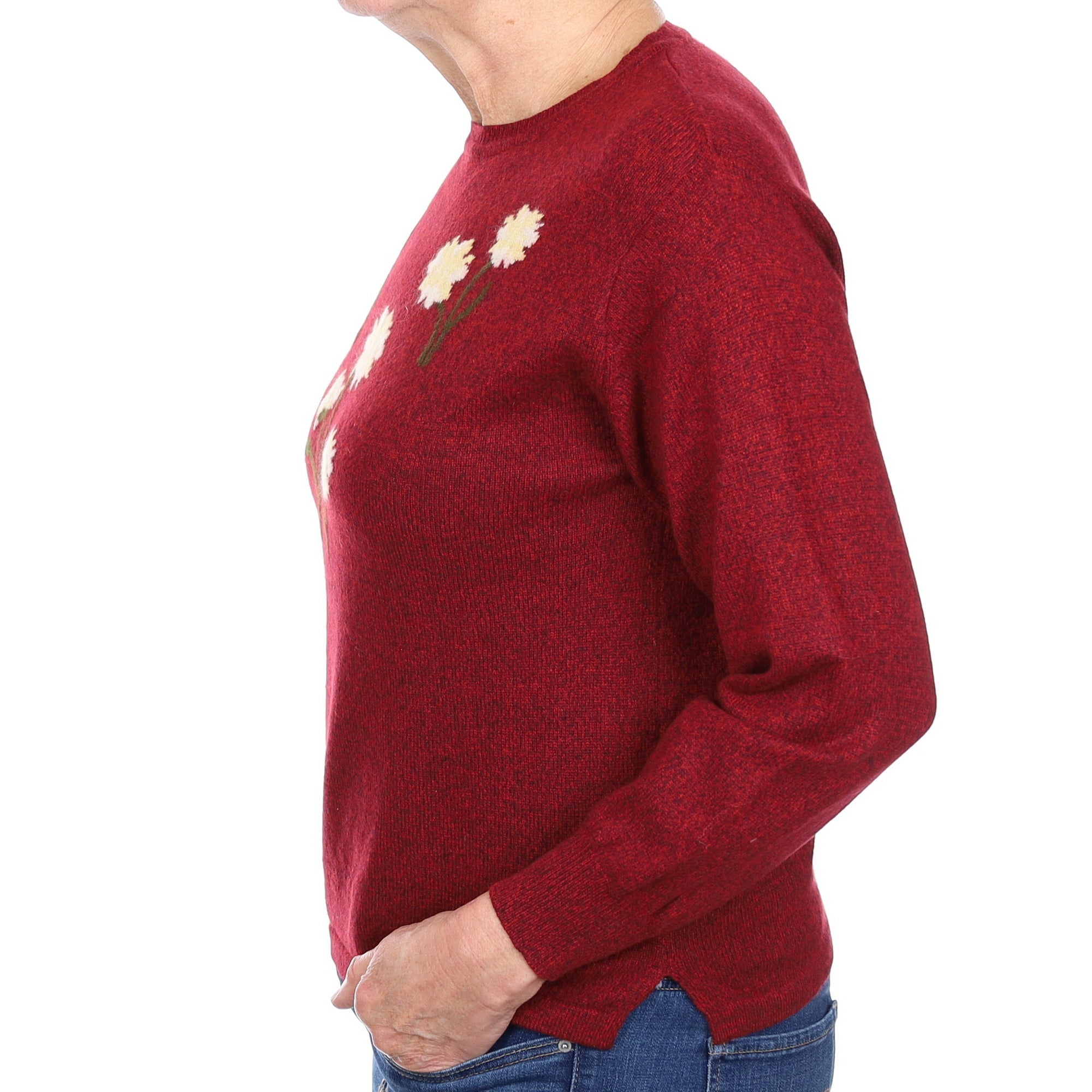 Burgundy Marl Floral Cashmere Crew Neck Jumper Medium