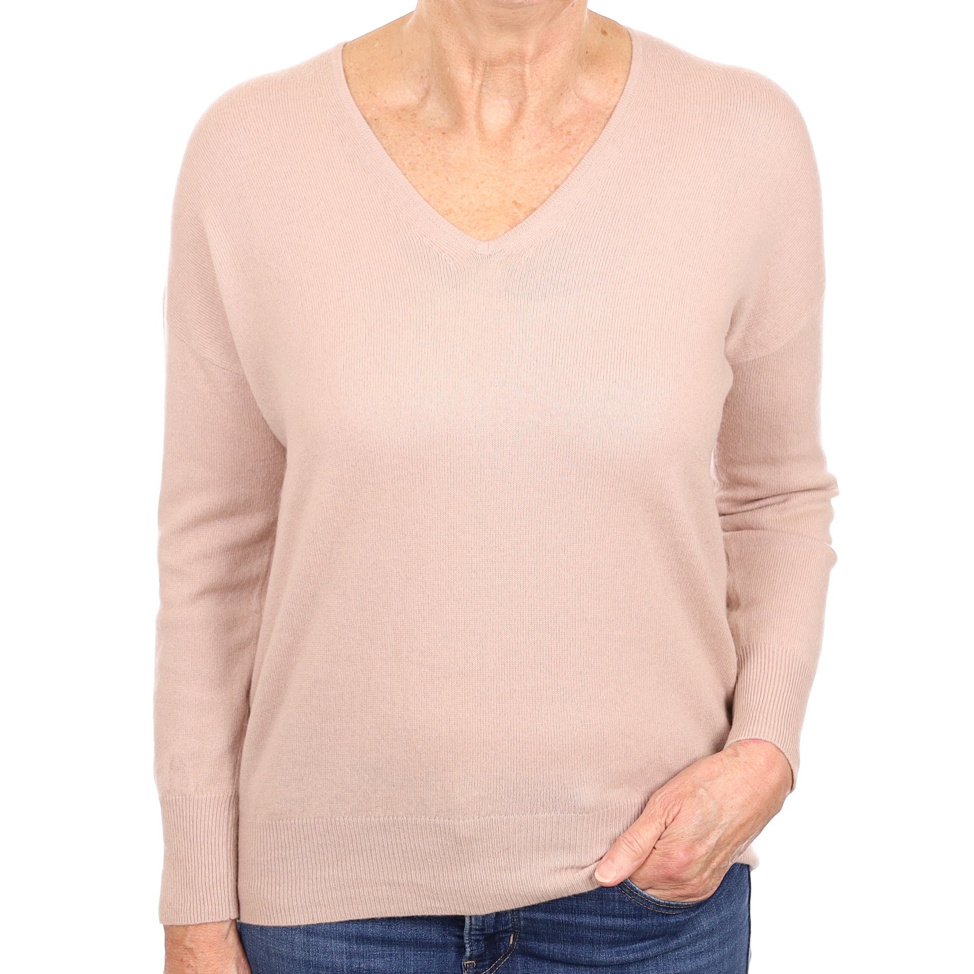 Oyster Cashmere V Neck Jumper Medium
