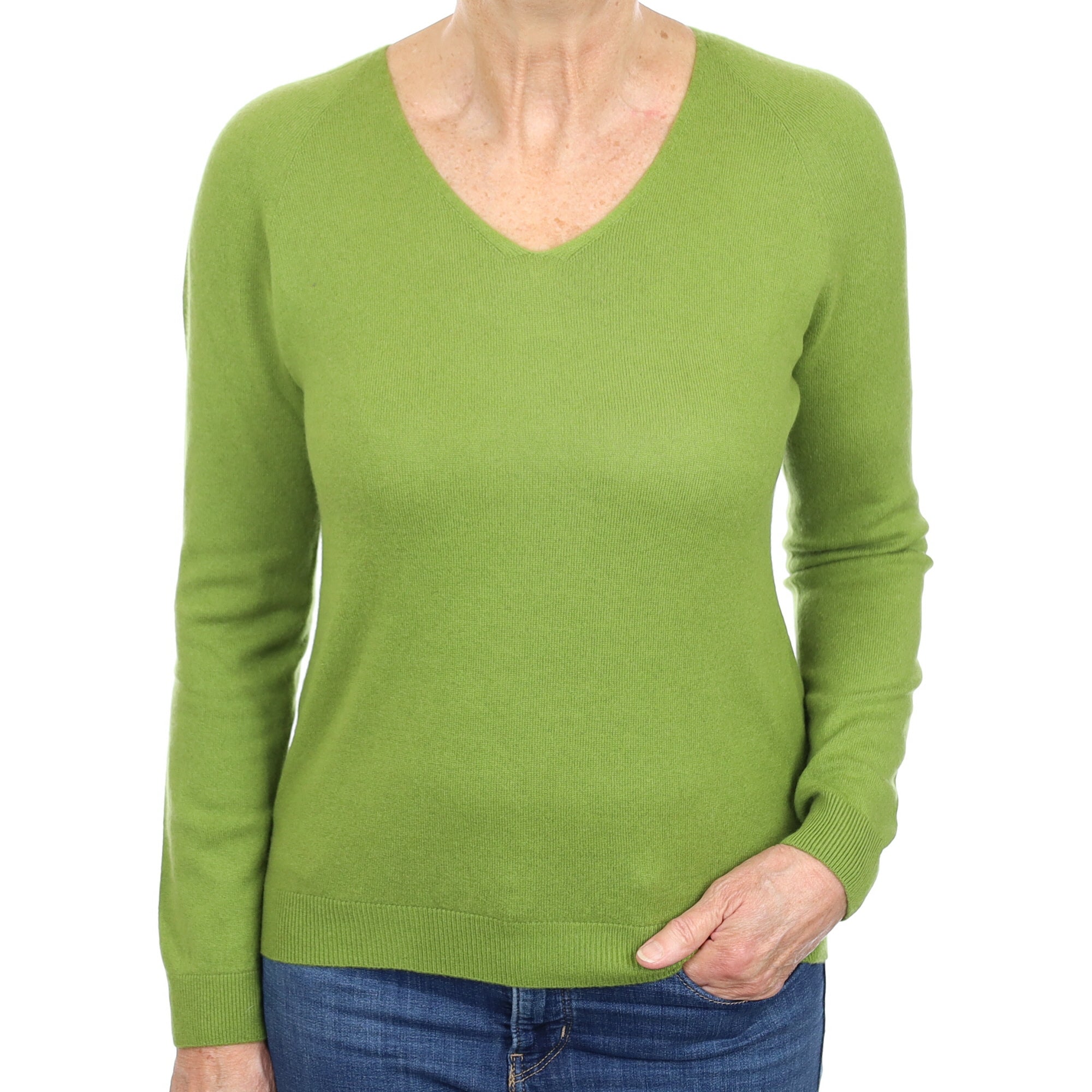 Apple Green Cashmere V Neck Jumper Medium
