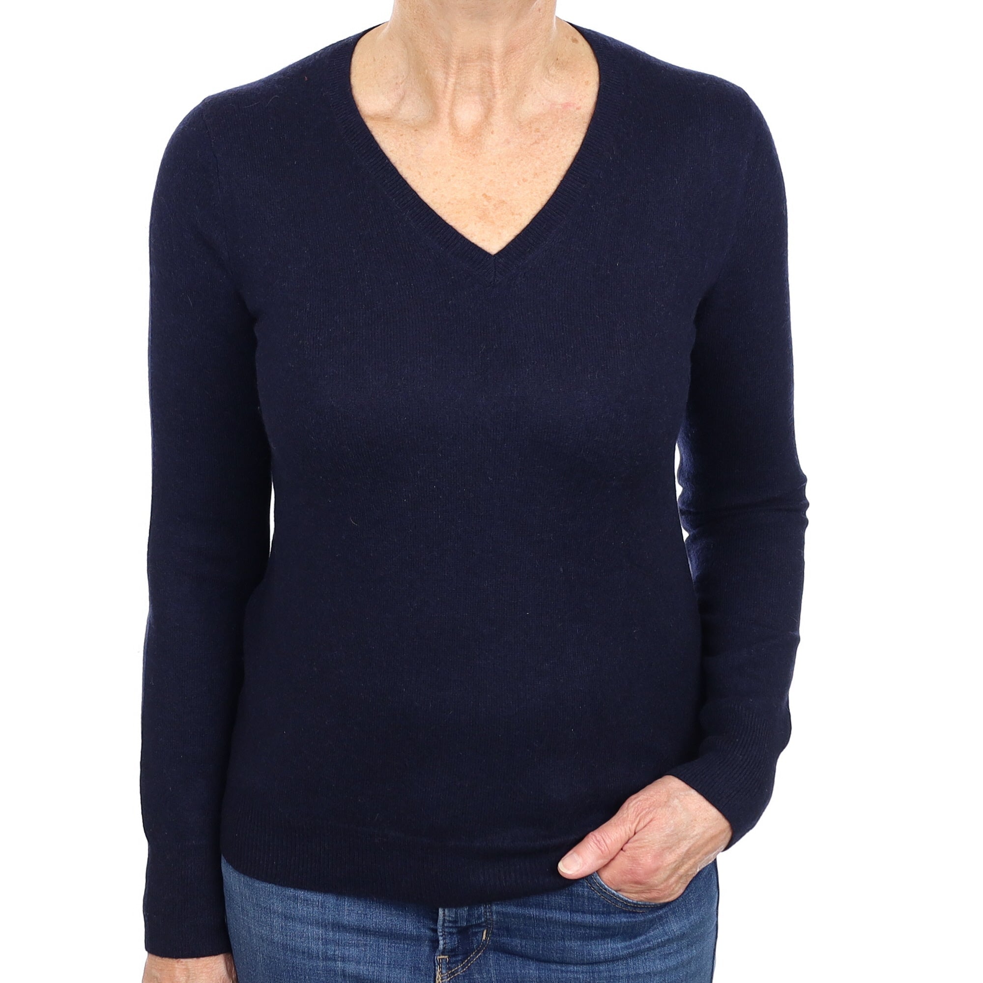 Navy Blue Cashmere V Neck Jumper Medium