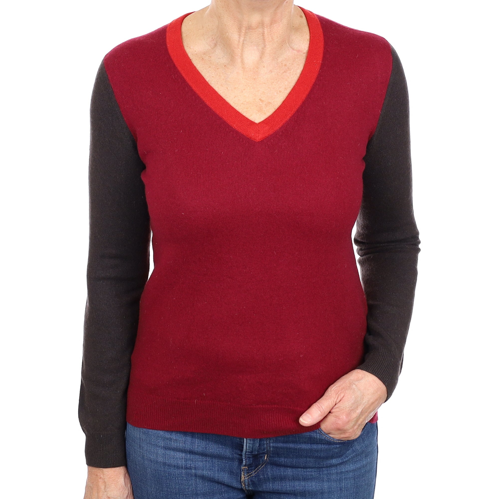 Burgundy Colour Block Cashmere V Neck Jumper Medium