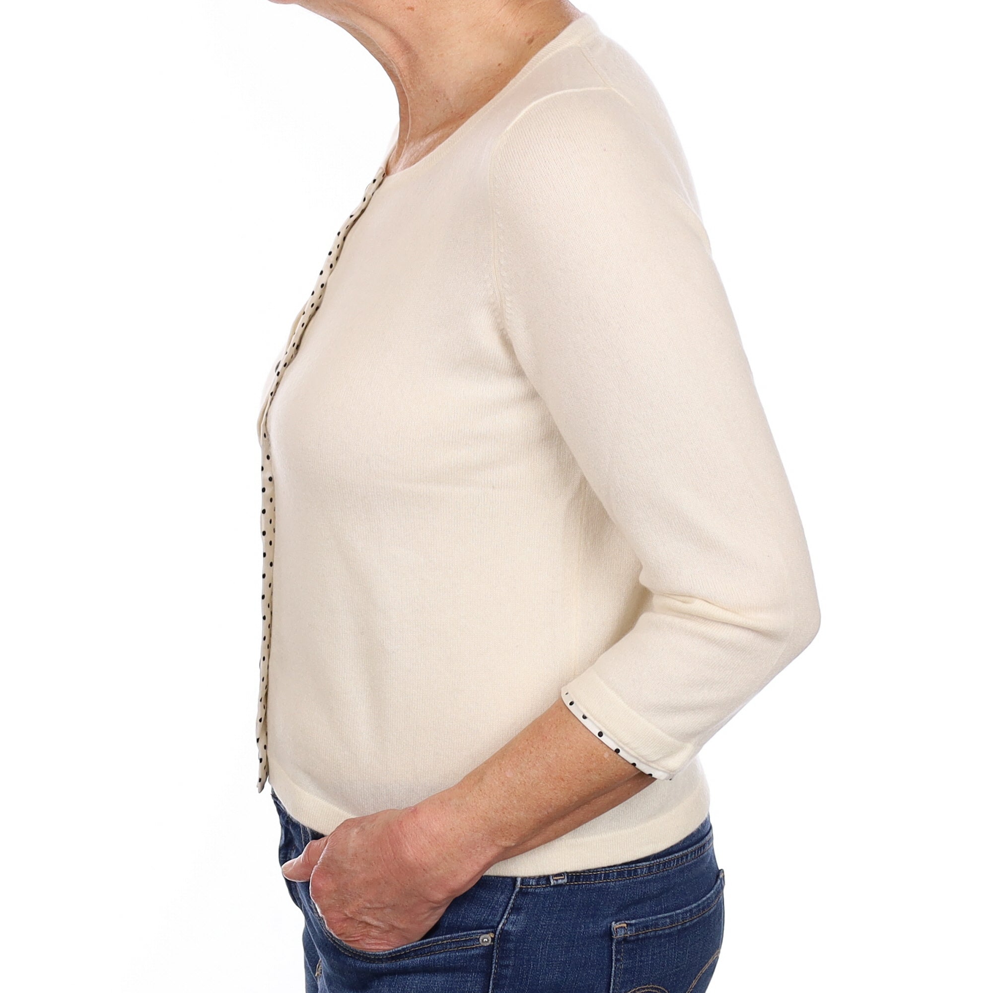 Vanilla Cream Dotted Trim Cashmere Crew NeckCardigan Medium