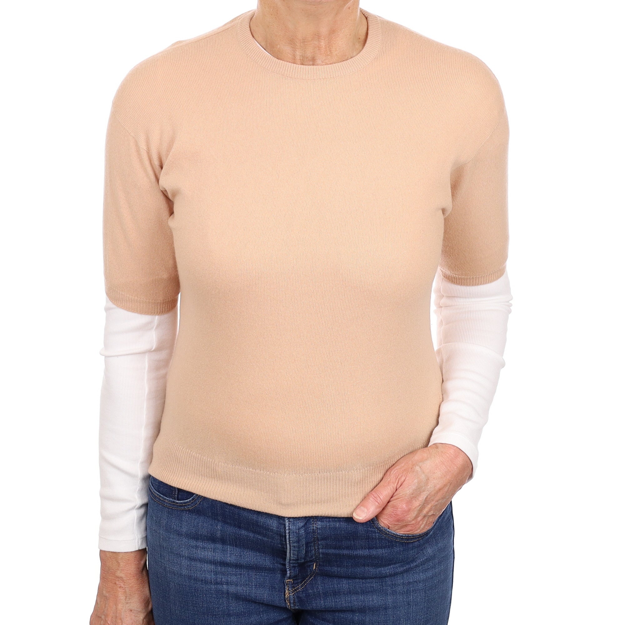 Scottish Buff Beige Cashmere Short Sleeved Crew Neck Jumper Medium