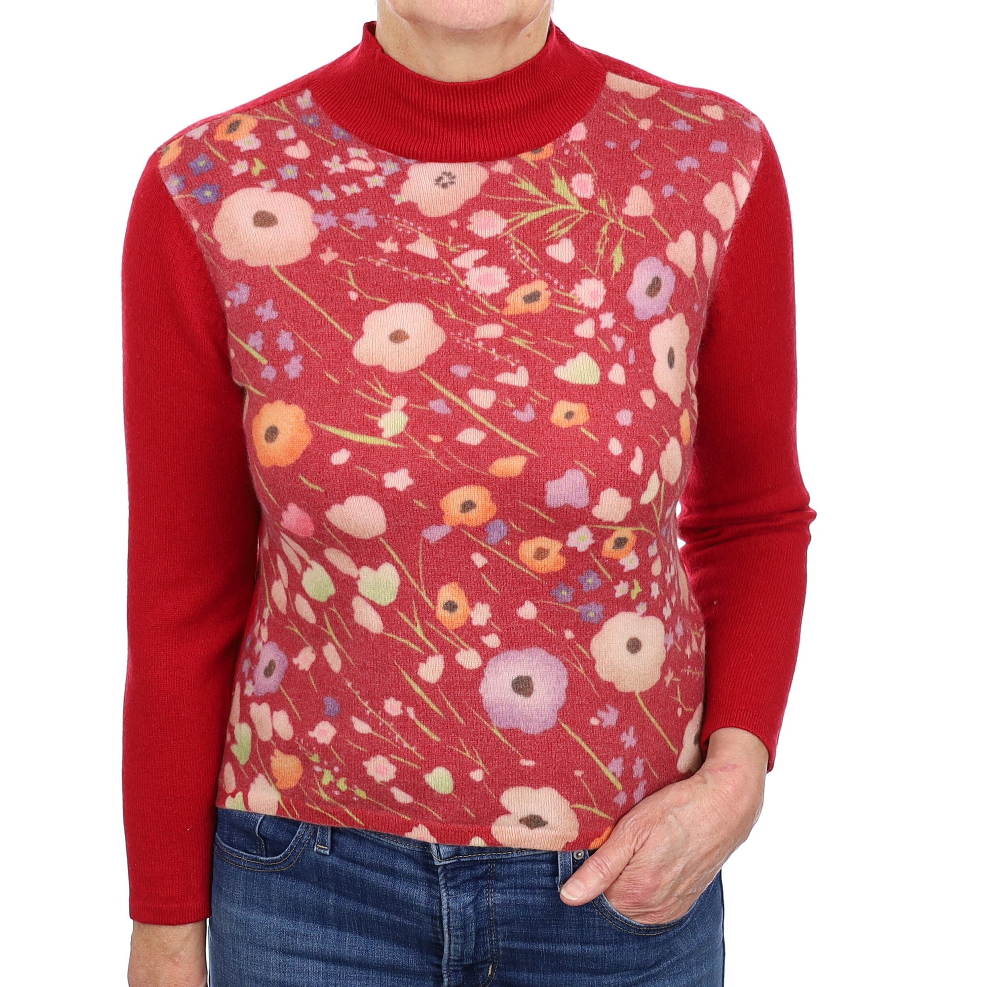 Post Box Red Floral Cashmere Turtle Neck Jumper Medium