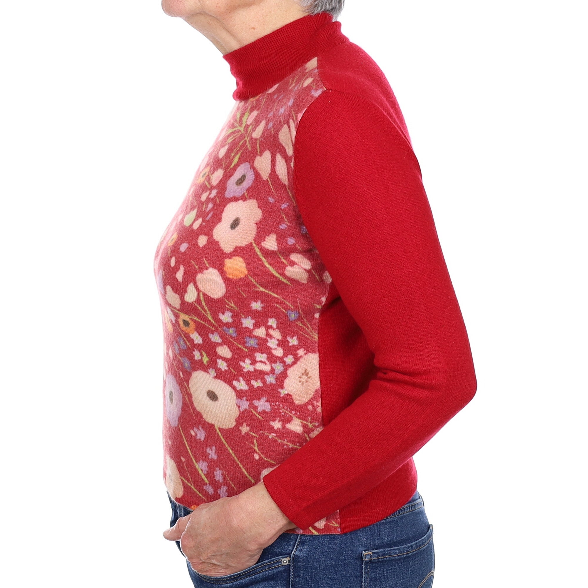 Post Box Red Floral Cashmere Turtle Neck Jumper Medium
