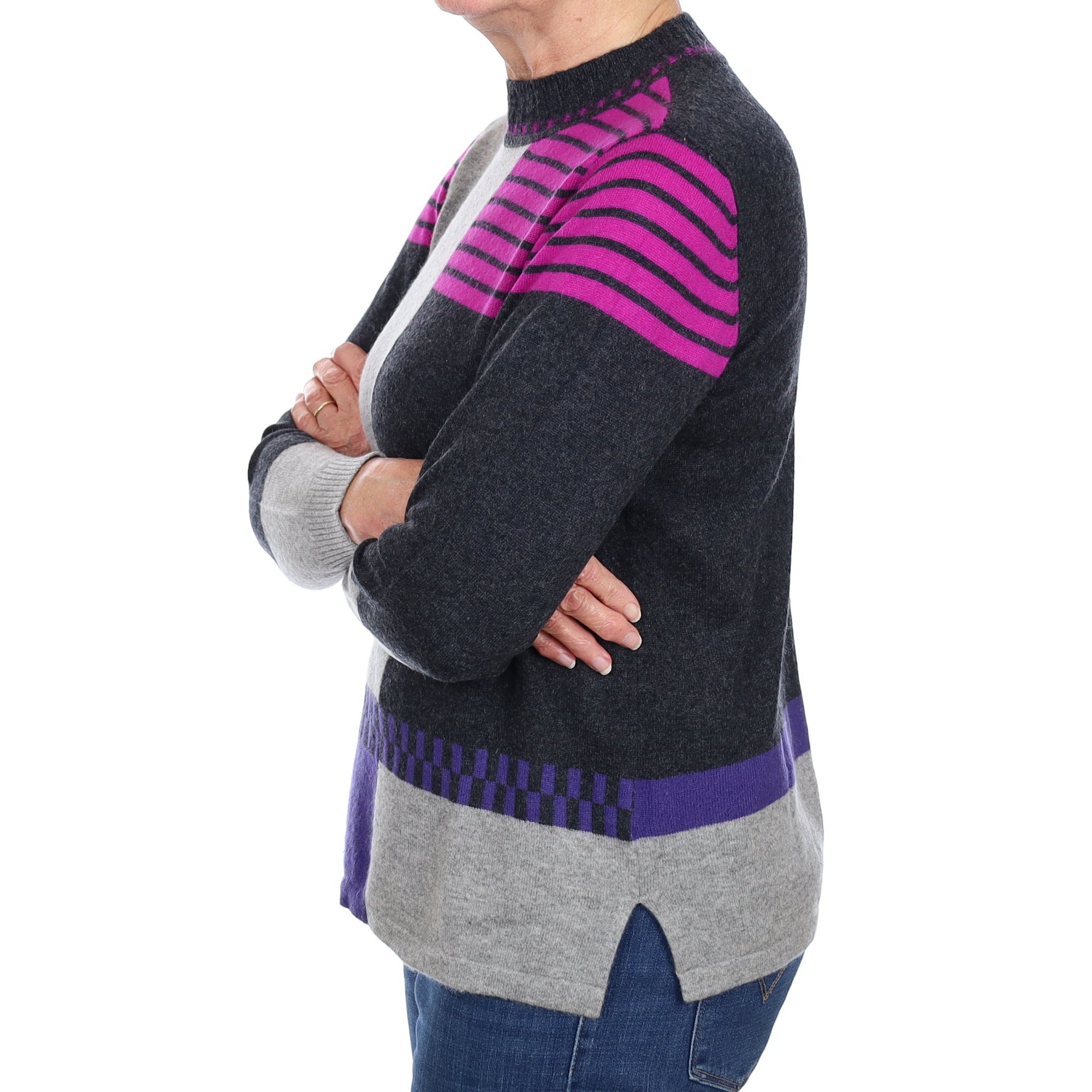 Grey Pattern Cashmere Turtle Neck Jumper Medium