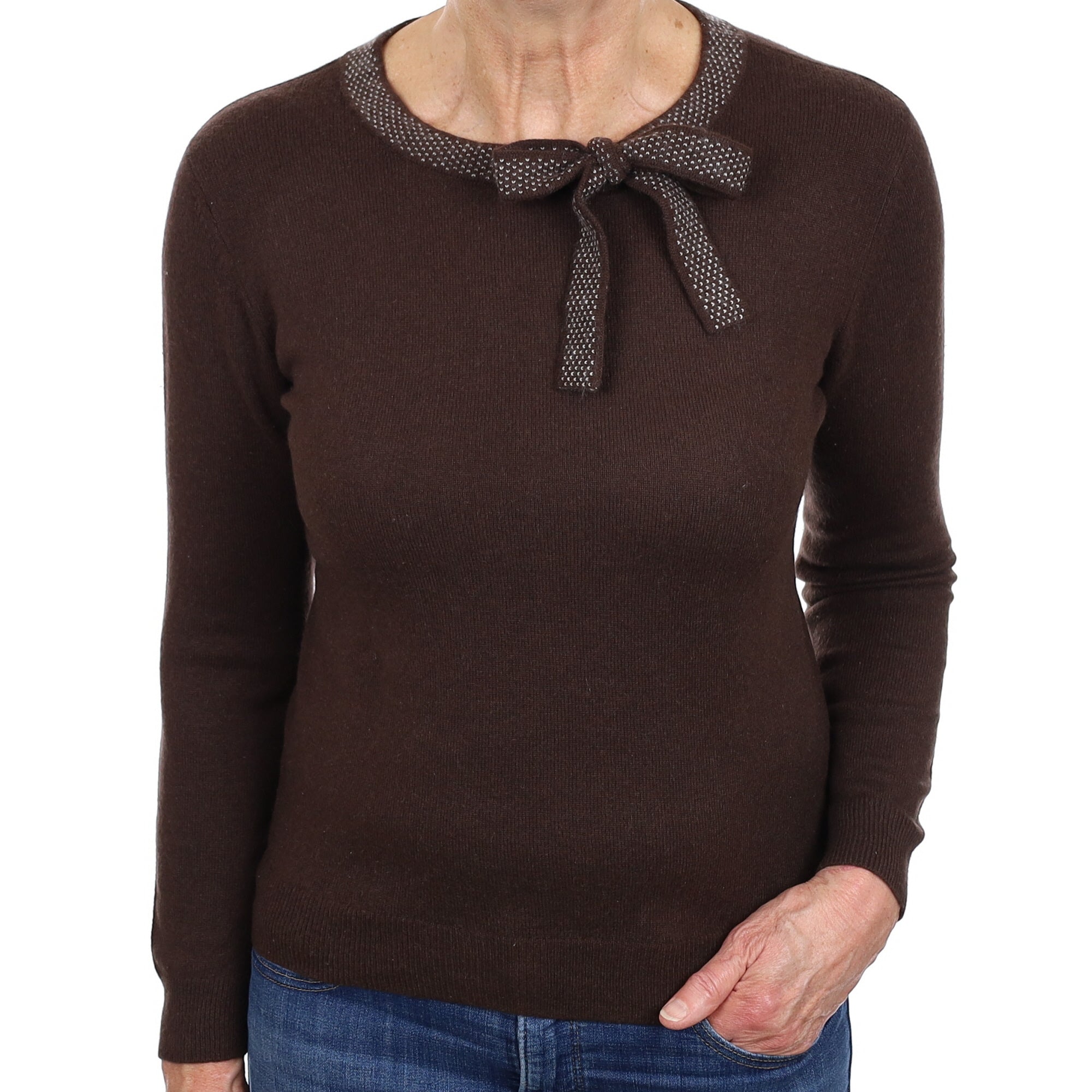 Chocolate Brown Cashmere Neck Tie Crew Neck Jumper Medium