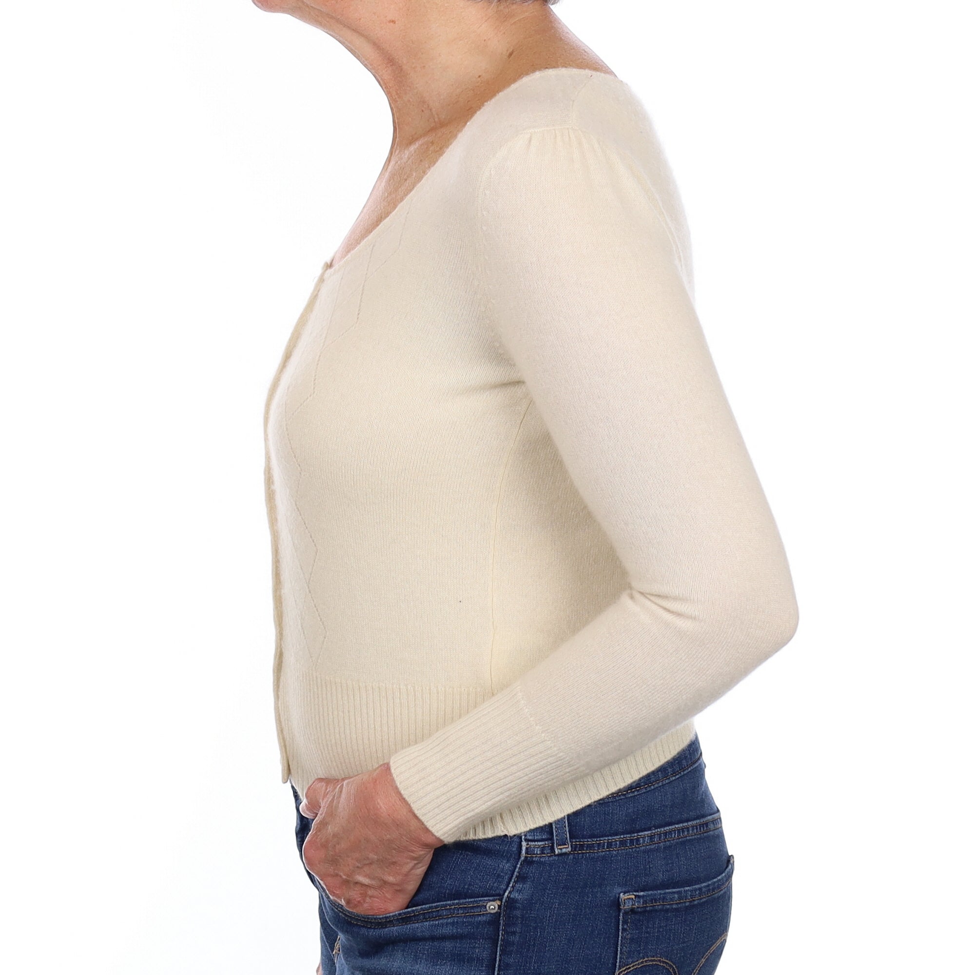 Cream Textured Cashmere Scoop Neck Cardigan Medium