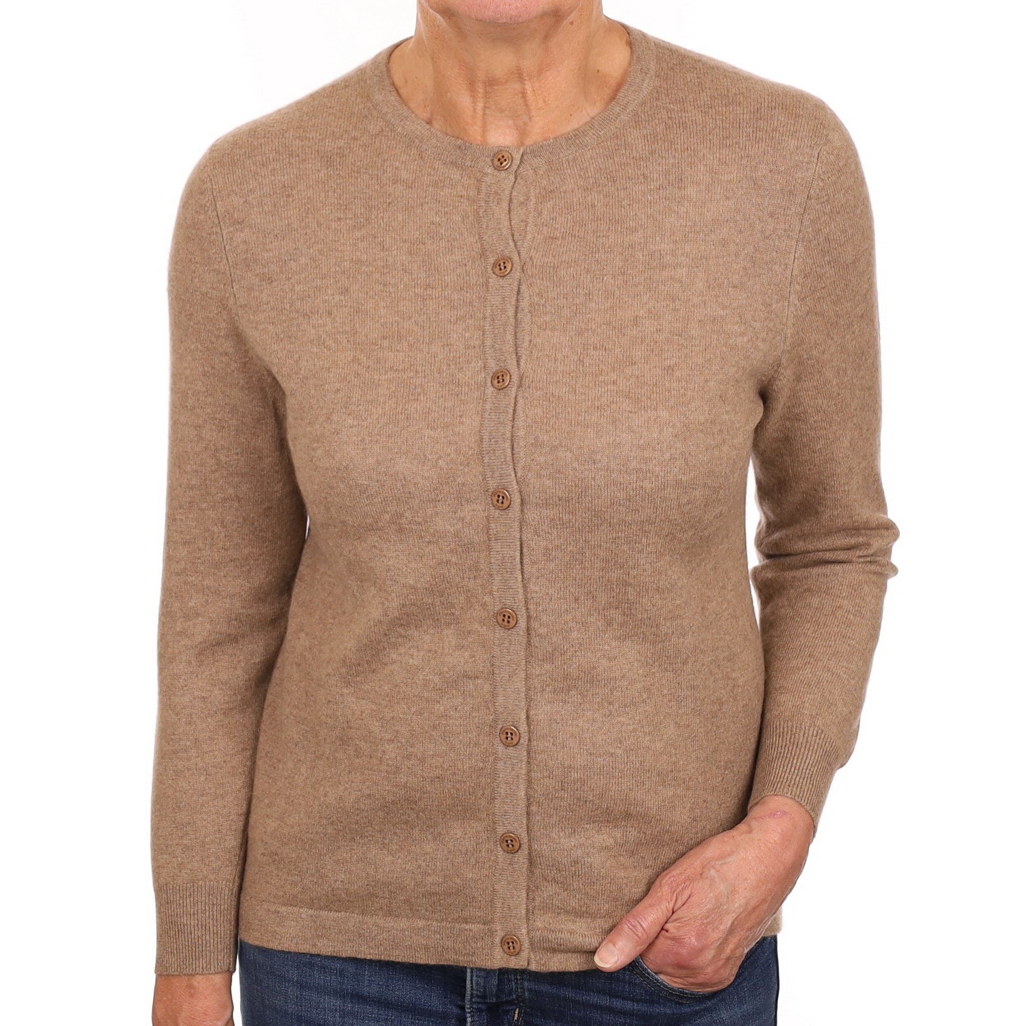 Taupe Cashmere Crew Neck Cardigan Medium