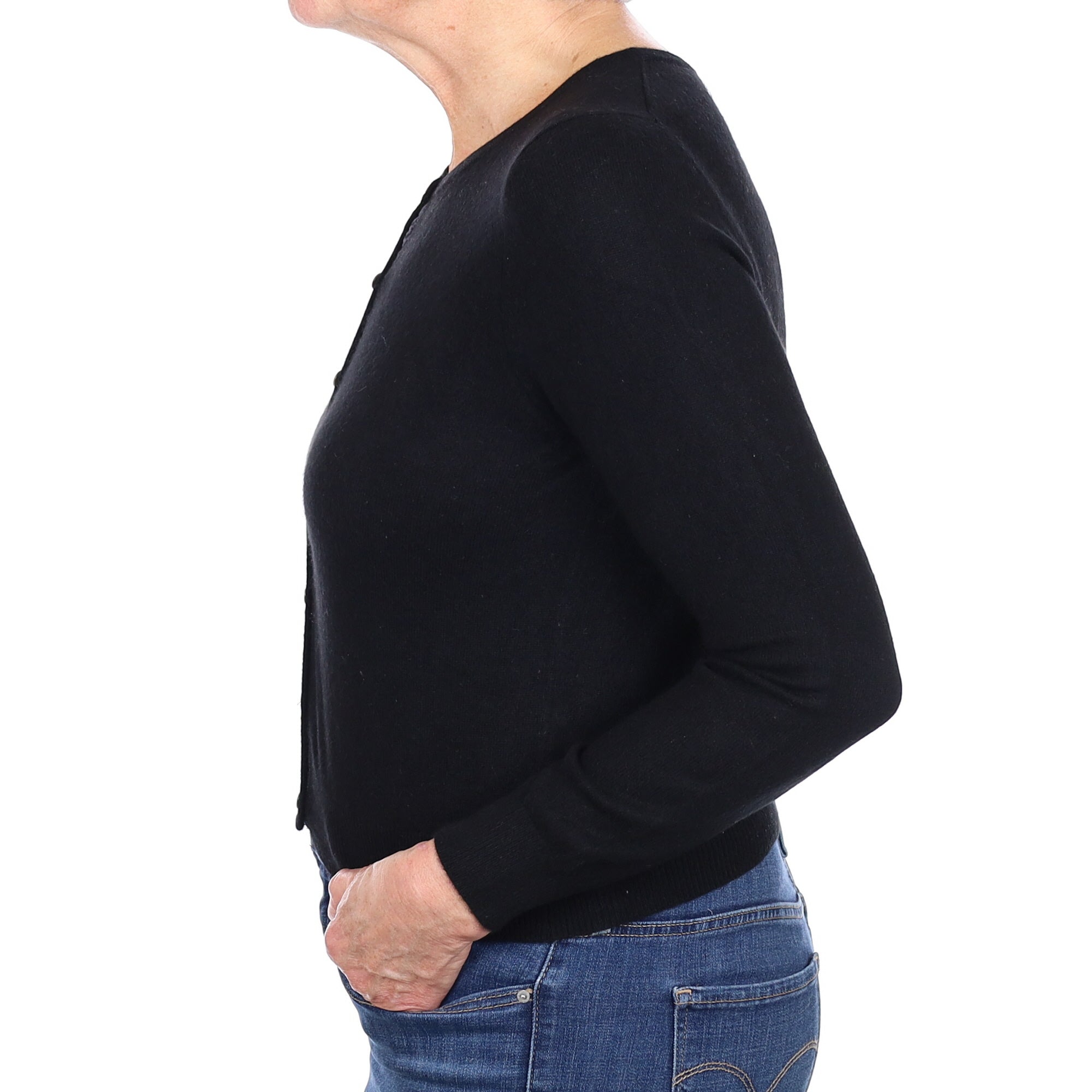 Black Cashmere Cropped Crew Neck Cardigan Medium