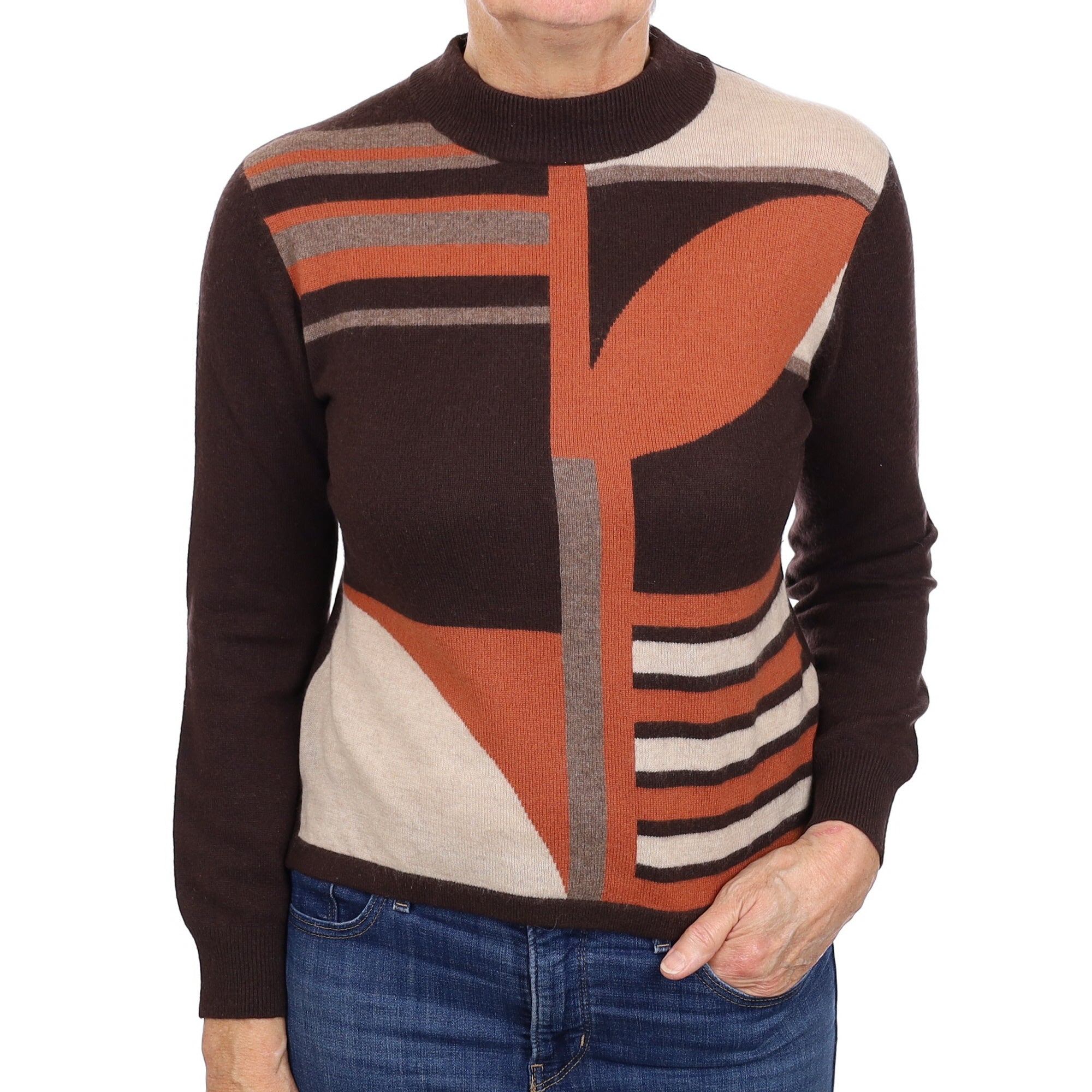 Chocolate and Rust Patterned Cashmere Turtle Neck Jumper Medium