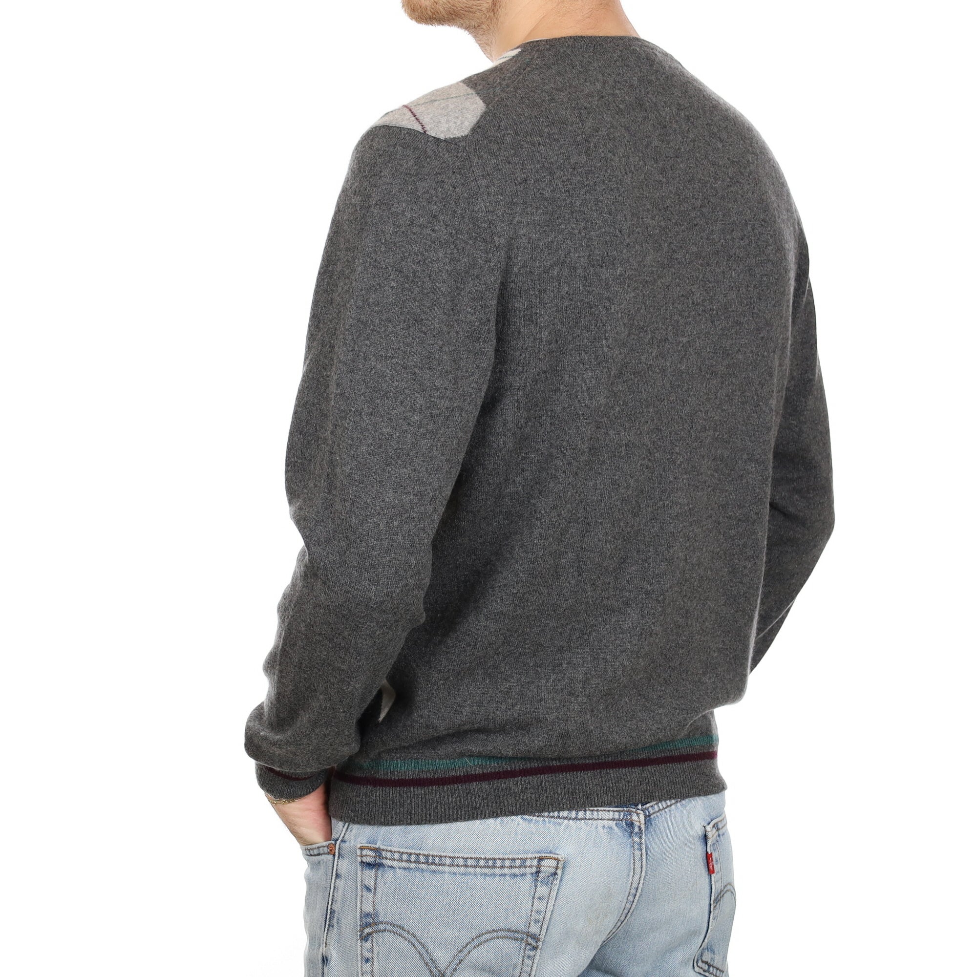 Men's Grey and Ivory Diamond Cashmere V Neck Jumper Large