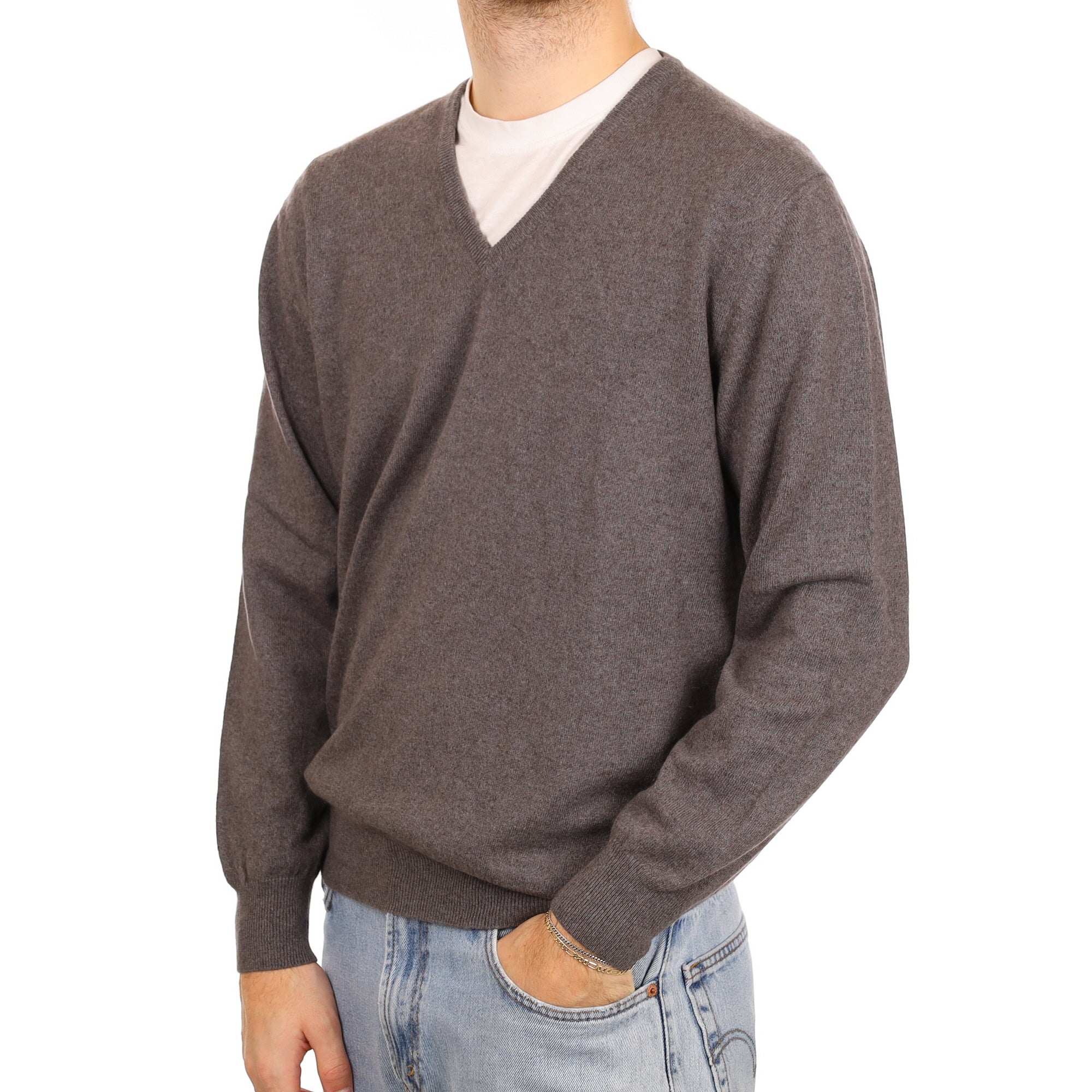 Men's Loro Piana Mole Brown Cashmere V Neck Jumper Large